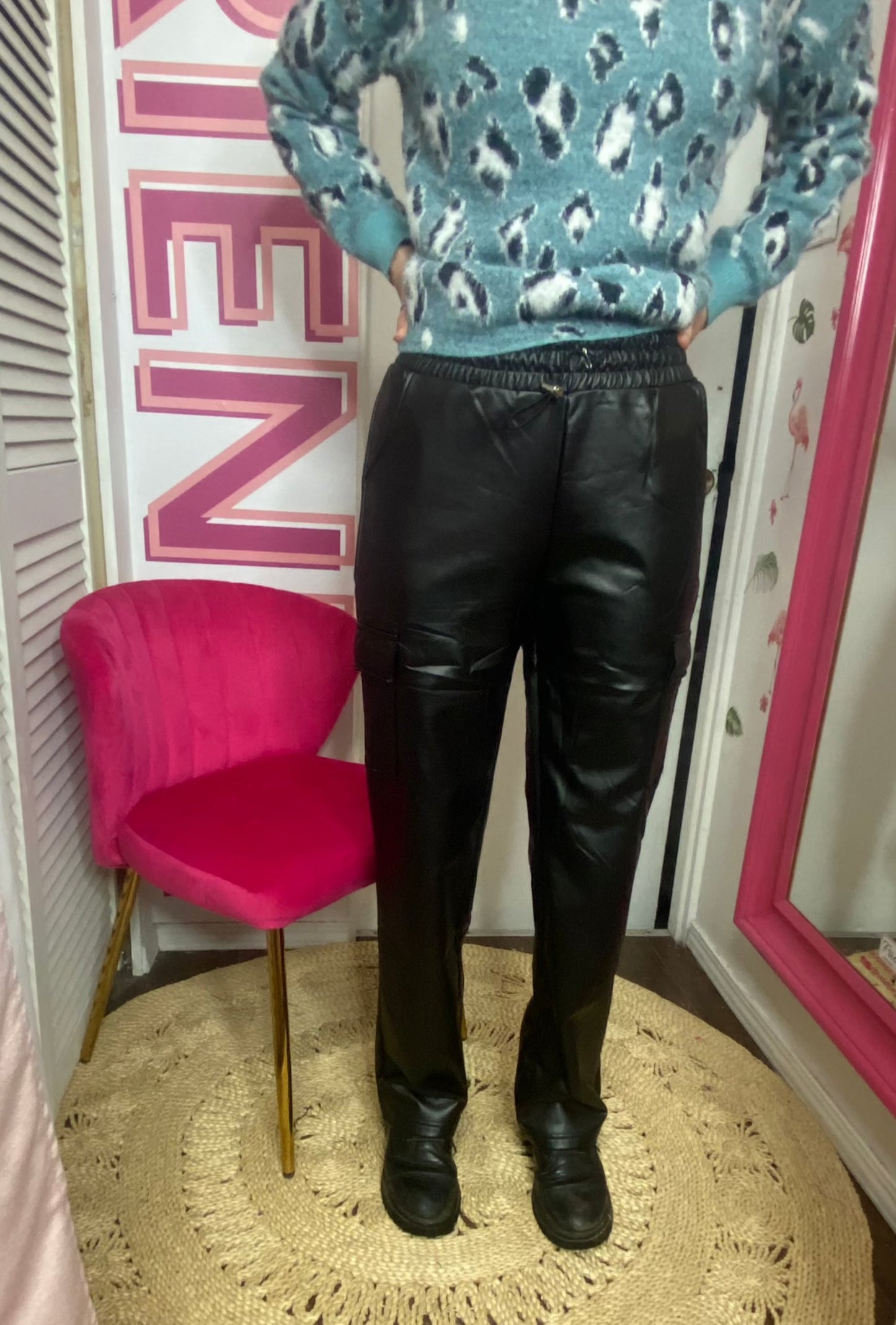 FINAL SALE Winter Faux Leather Fleece Lined Cargo Pants
