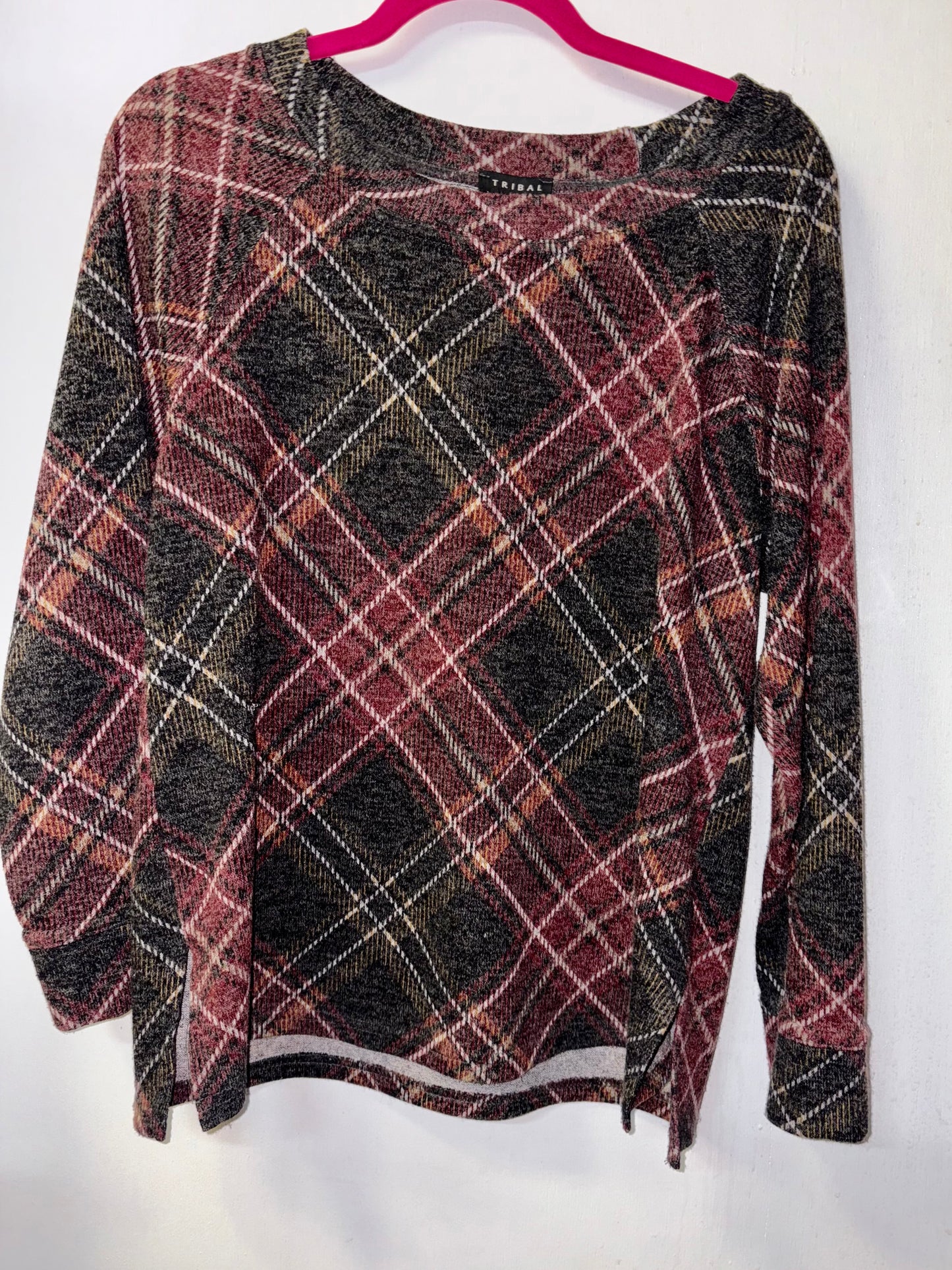 Tribal Plaid Raglan Sweater Top Medium 1048