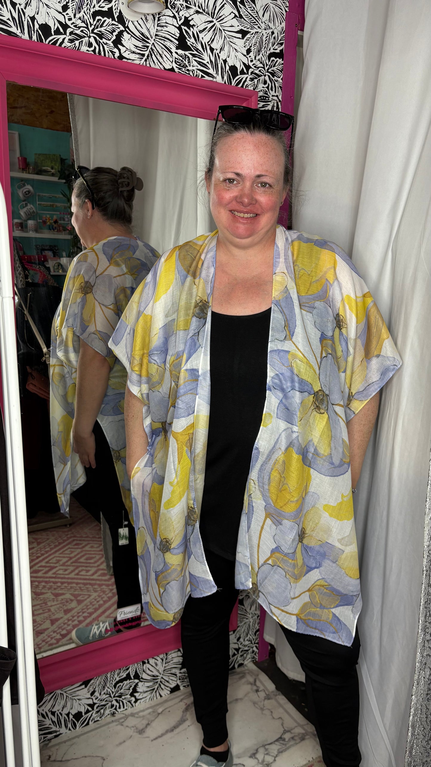 Azure Yellow Powder Blue Floral Theme Print Kimono Shawl