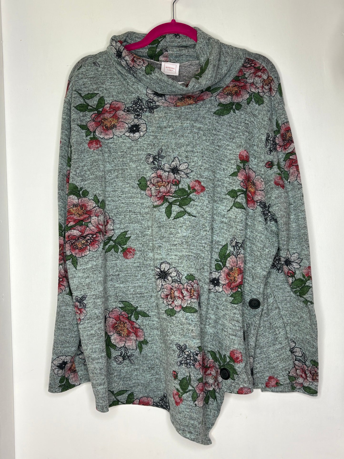 Marina Luna Heather Mint Floral Cowl Neck Sweater Top 2X 1056