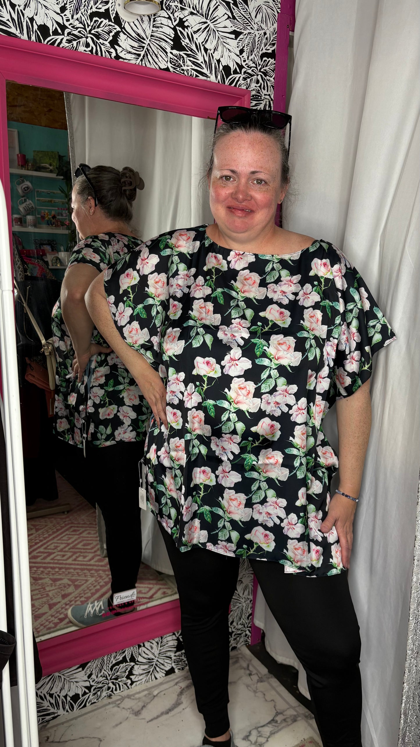 Black Floral Satin O/S Top