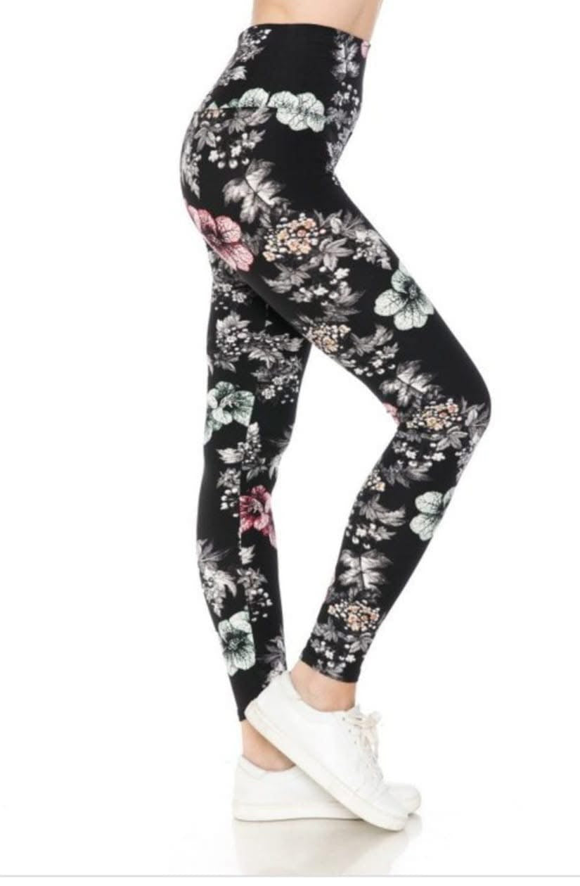 Red Accent Floral Print Adult Leggings