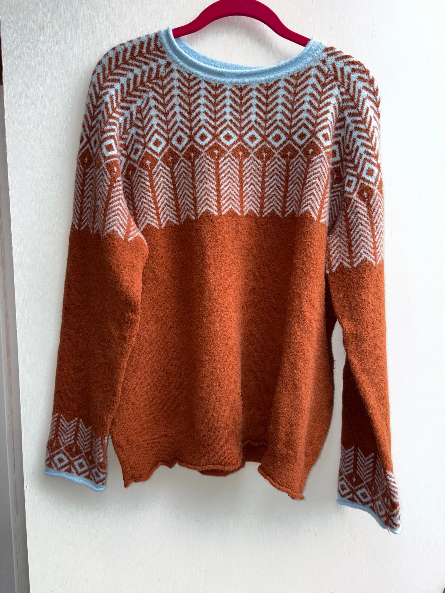 Cabin Vacation Sweater Top Brown & Powder Blue Large 1046