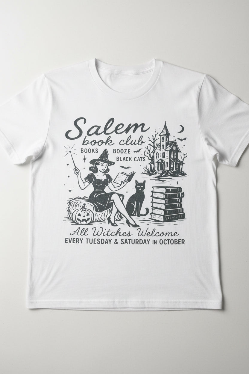 HALLOWEEN Salem Book Club Witch & Black Cat ADULT GRAPHIC TEE
