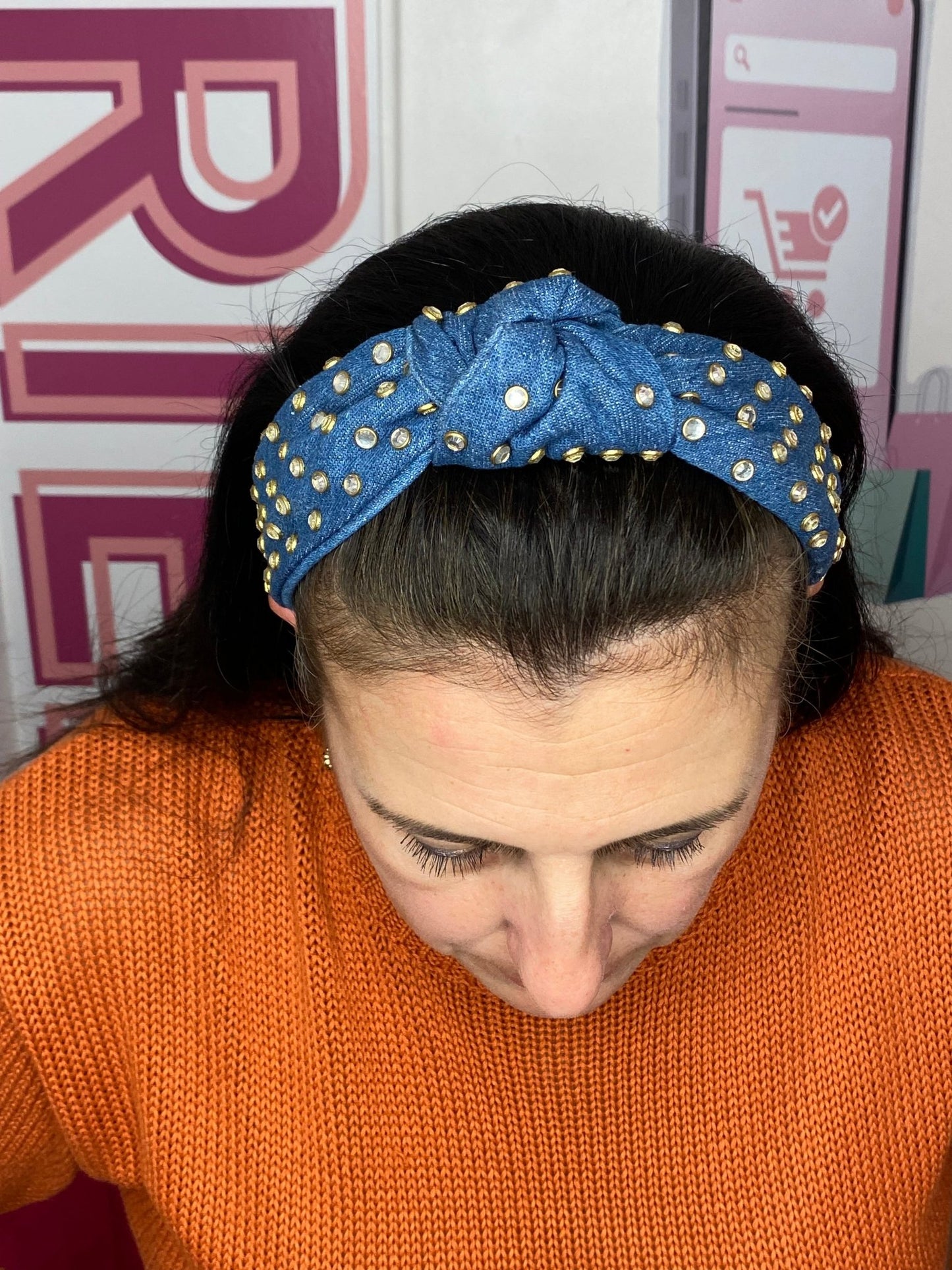 Diadema de pelo con nudo de diamantes de imitación de mezclilla