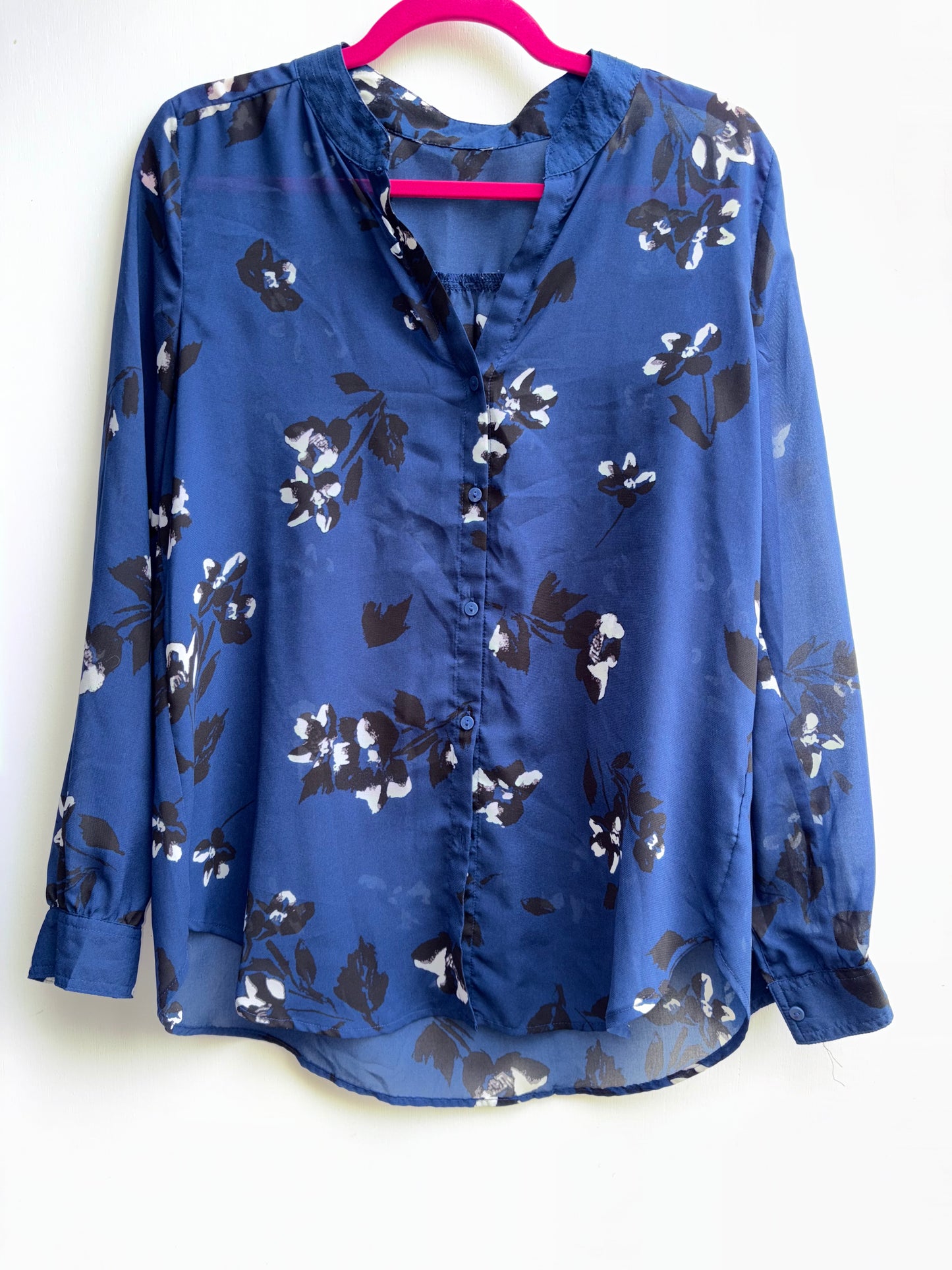 Navy Floral Sheer Button Up Blouse Medium 1015