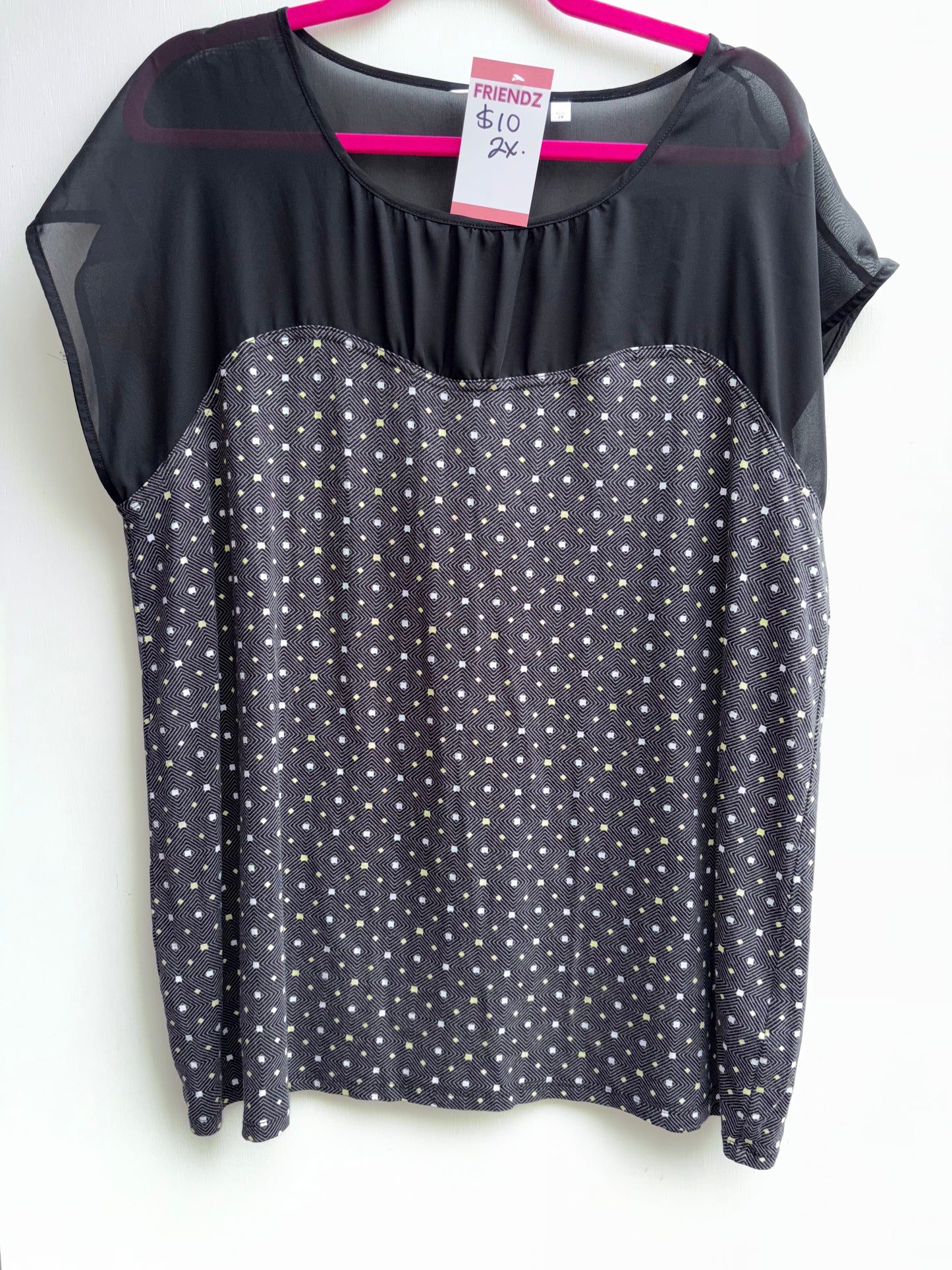 Geometric Square Sheer Neckline Dress Top 2X 1013