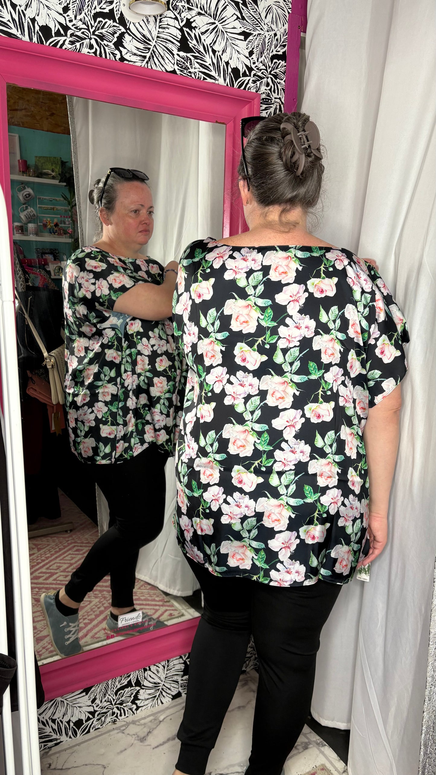 Black Floral Satin O/S Top