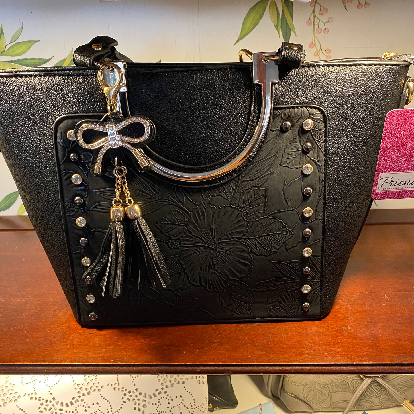 Embossed Floral Rhinestone Mid Size Satchel Purse Should Bag (3 Colors) with Crossbody Strap