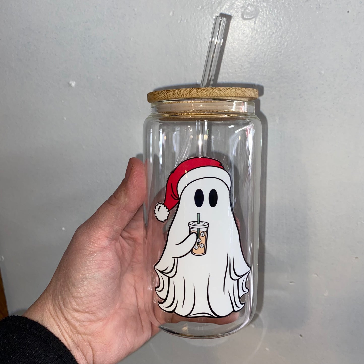 Christmas Ghost Beer Glass Cups with Bamboo Lids