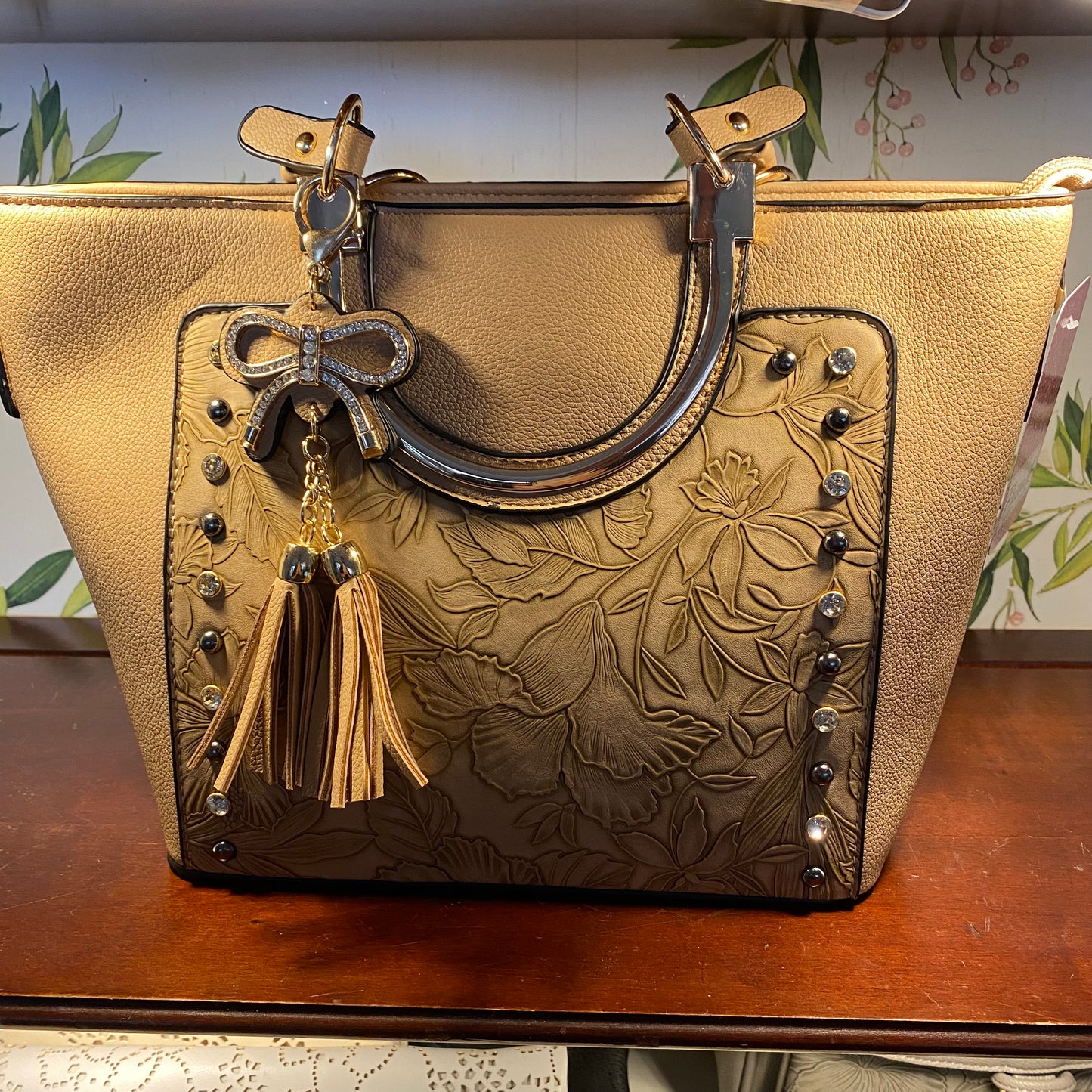Embossed Floral Rhinestone Mid Size Satchel Purse Should Bag (3 Colors) with Crossbody Strap