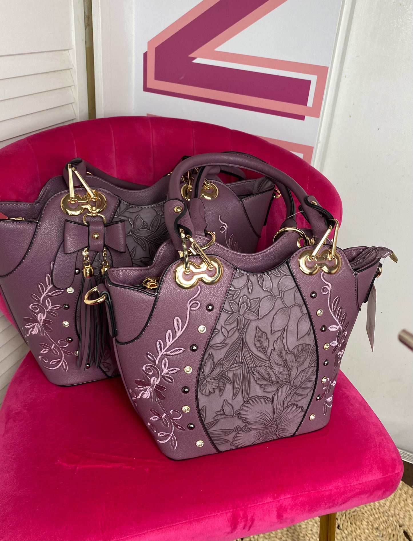Floral Stitched Accent Embroidered Vegan Leather Satchel Purse Bag ( 2 Sizes & 4 Colours) with Detachable Crossbody Strap & Removable Bow Keychain