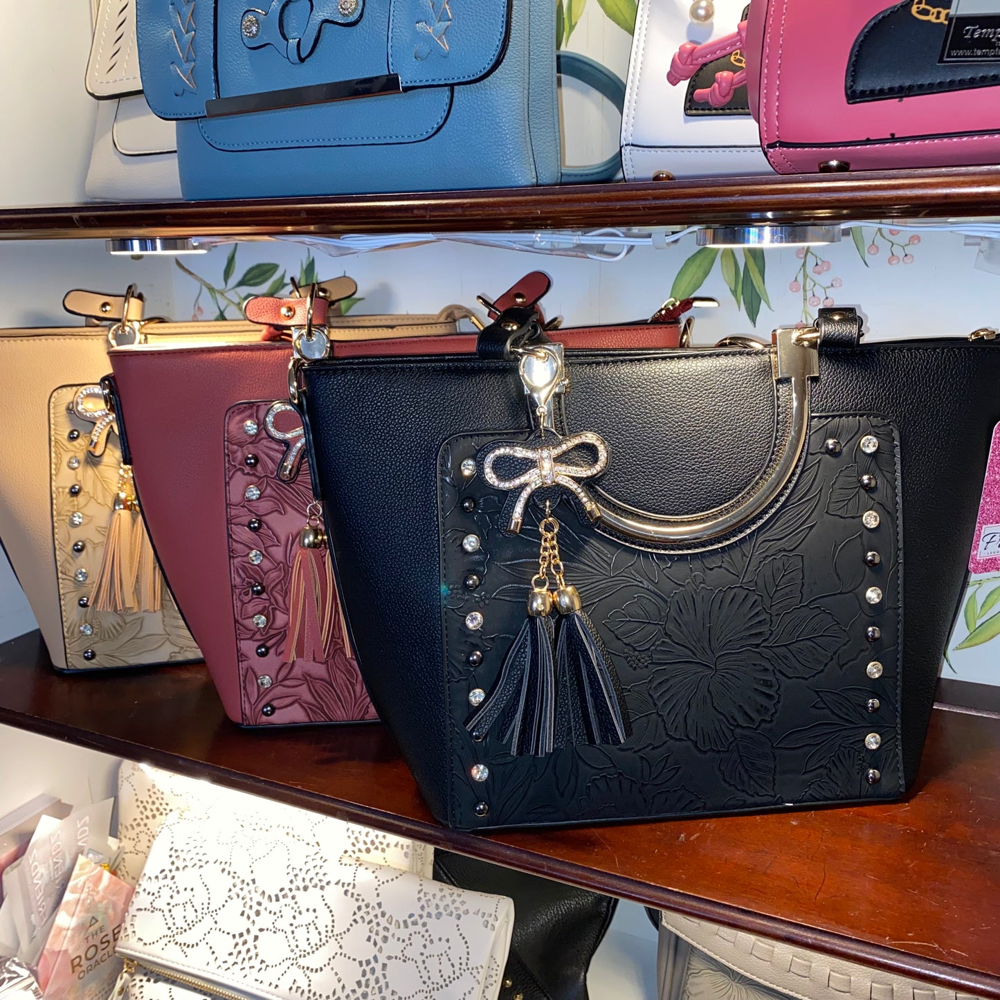 Embossed Floral Rhinestone Mid Size Satchel Purse Should Bag (3 Colors) with Crossbody Strap