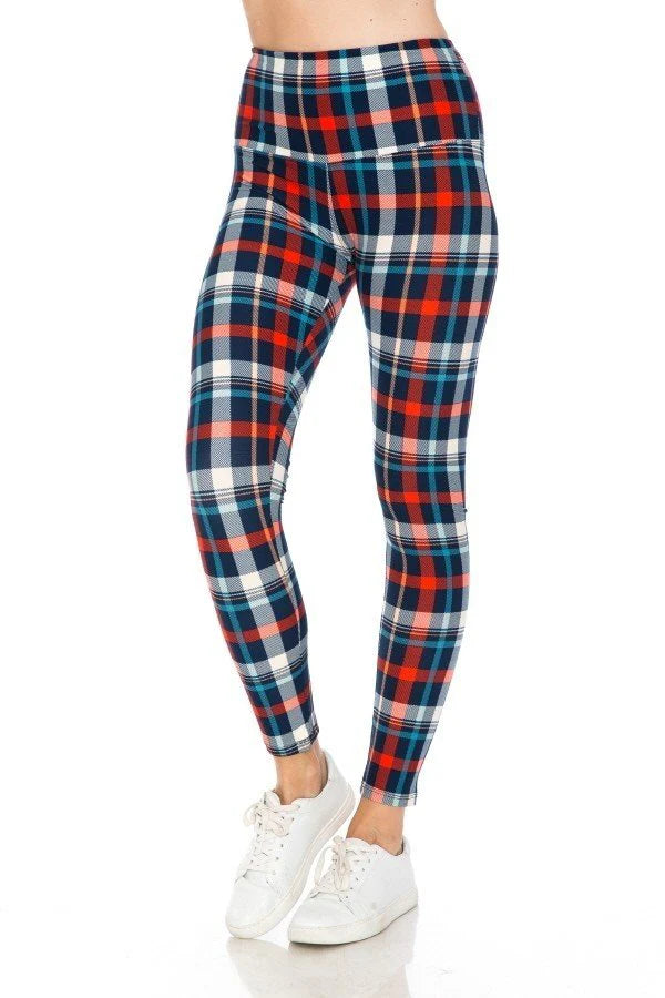 Blue & Red Plaid Print Adult Leggings