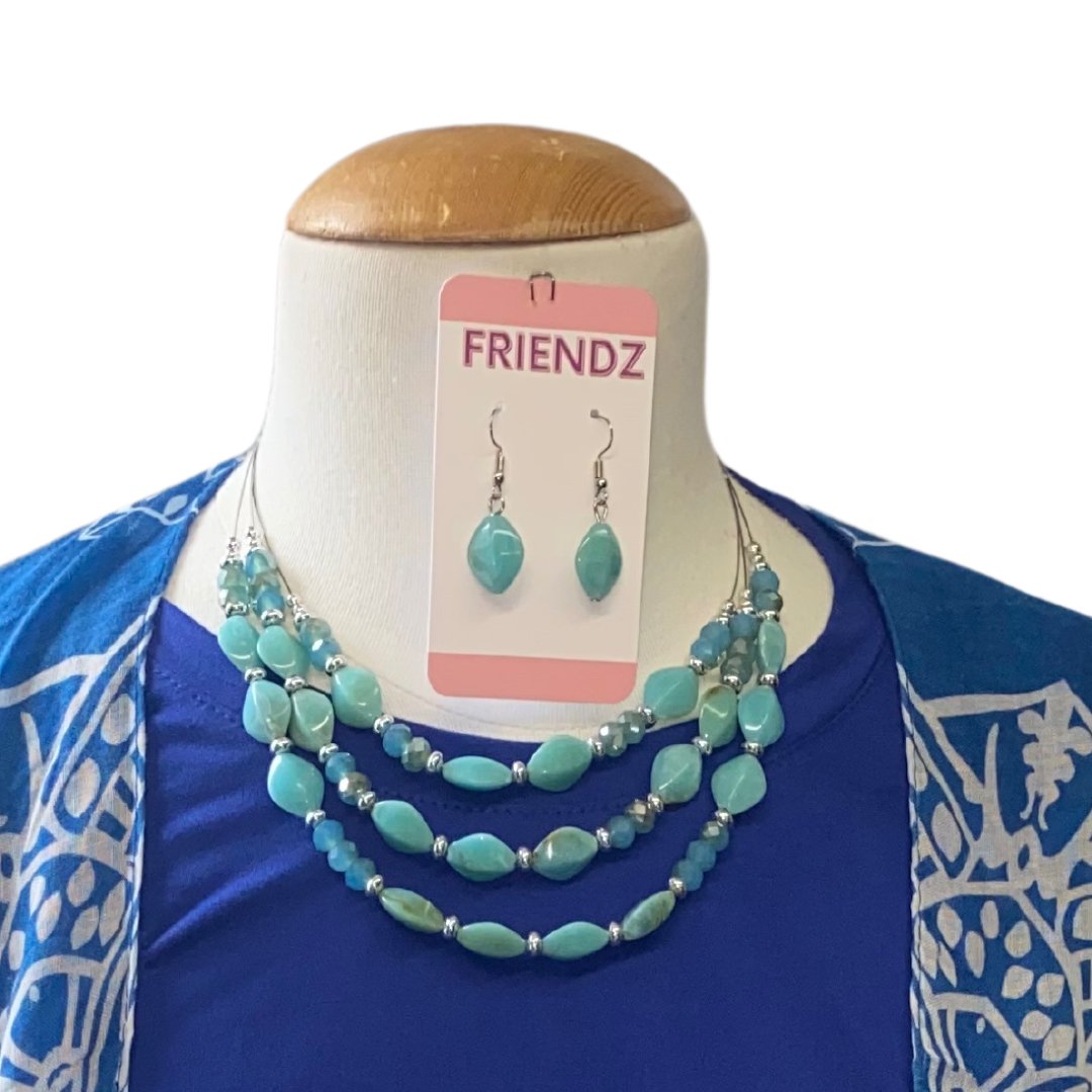 Boho Blue 3 Layer Necklace Earring Set