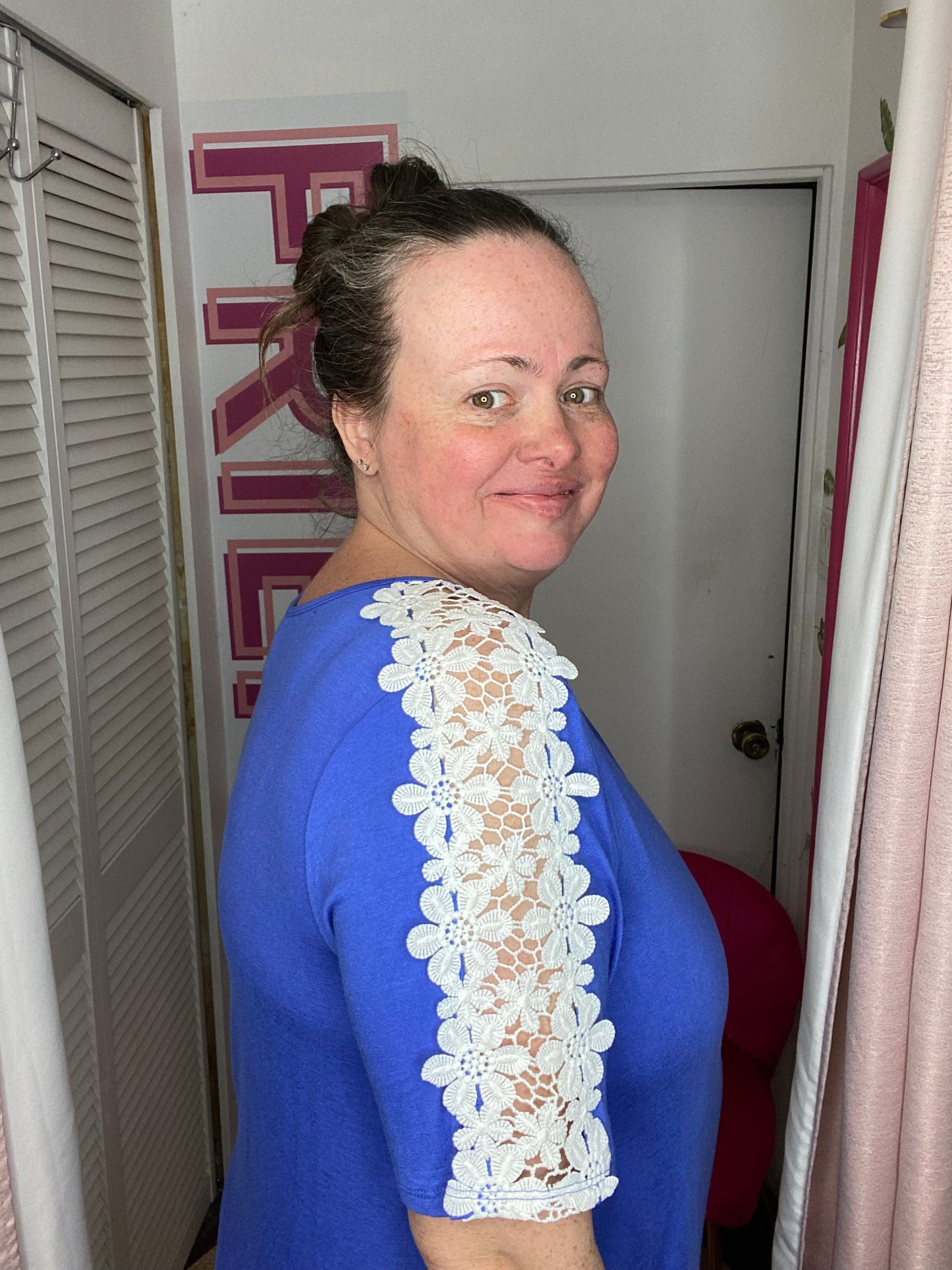 FINAL SALE Floral Lace Shoulder Eyelet Trim Hem Style Ladies Top | Blue