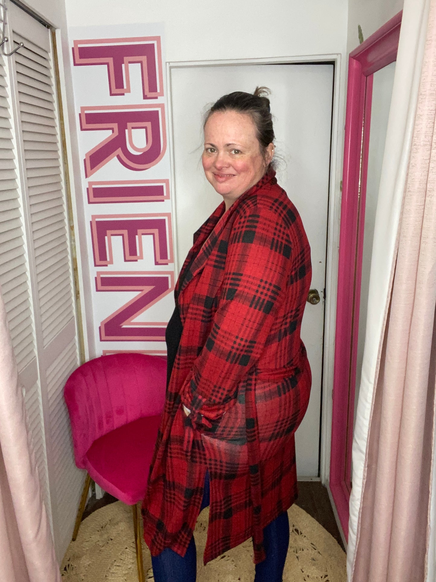 FINAL SALE- Lightweight Stretchy Red Plaid Cardigan Sweater Top
