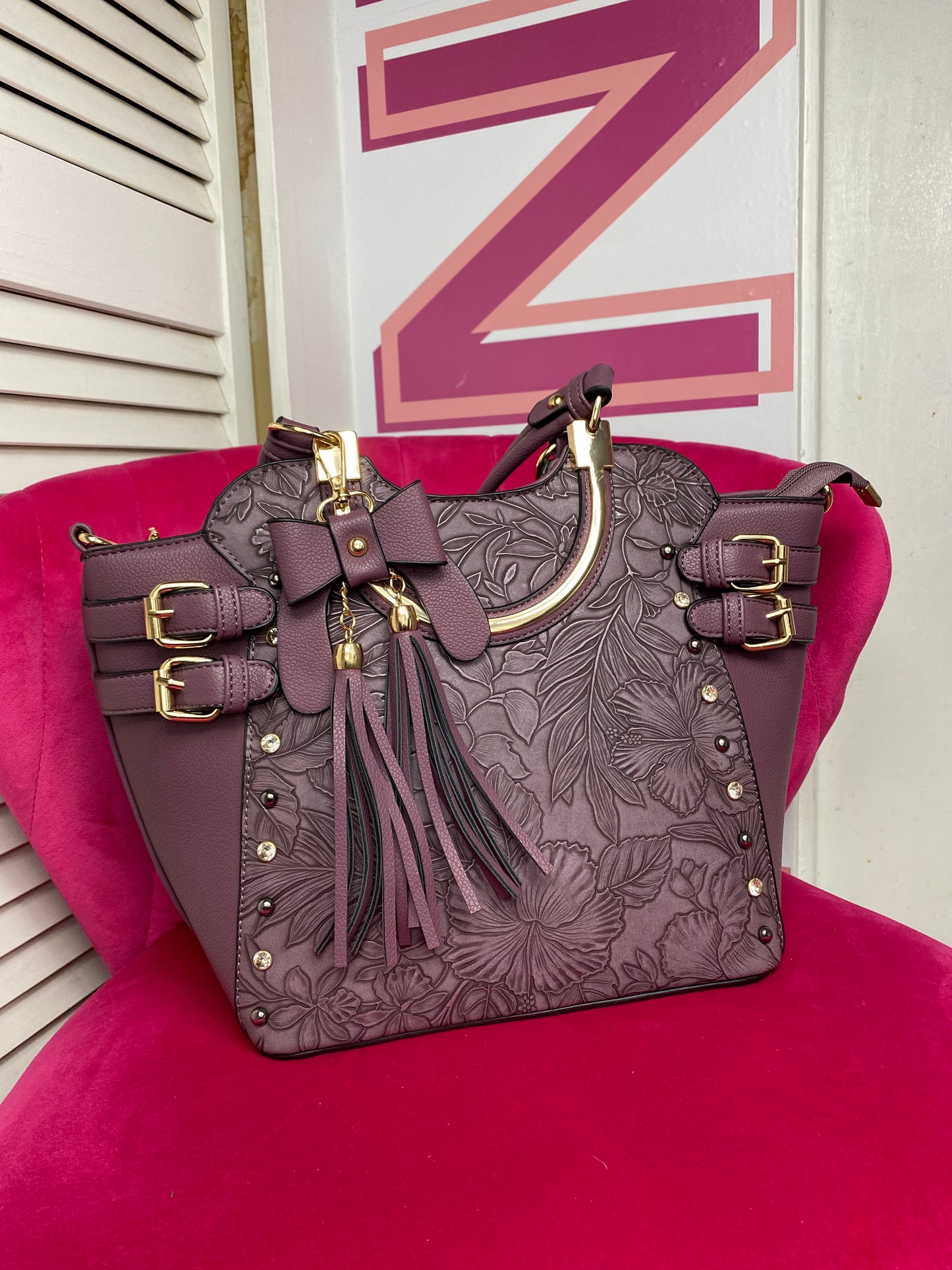Full Size Floral Buckle Accent Embellished Vegan Leather Satchel Purse Shoulder Bag (4 Colours) with Detachable Crossbody Strap and Removable Bow Keychain
