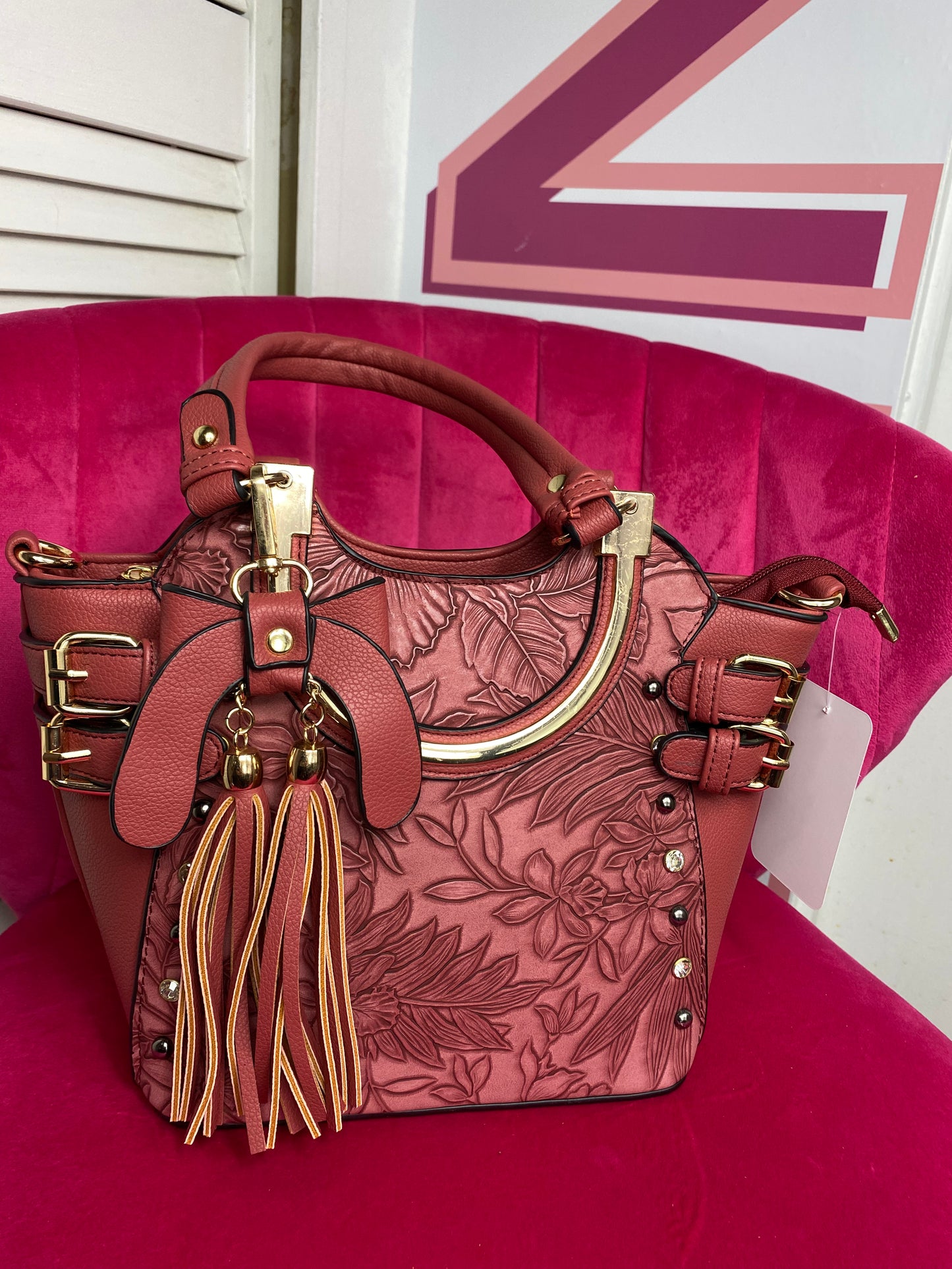Mid Size Floral Buckle Embellished Satchel Purse Shoulder Bag (4 Colours)