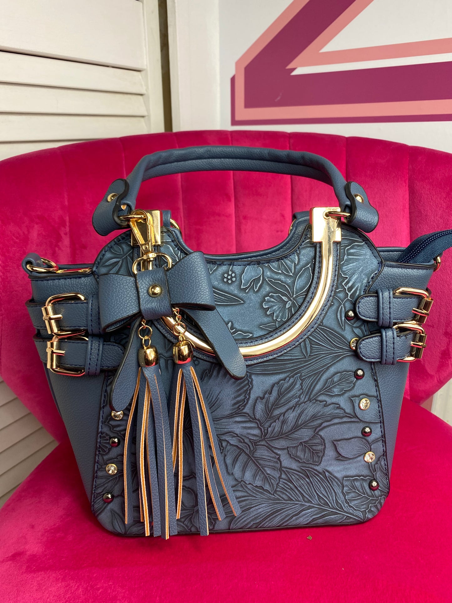 Mid Size Floral Buckle Embellished Satchel Purse Shoulder Bag (4 Colours)