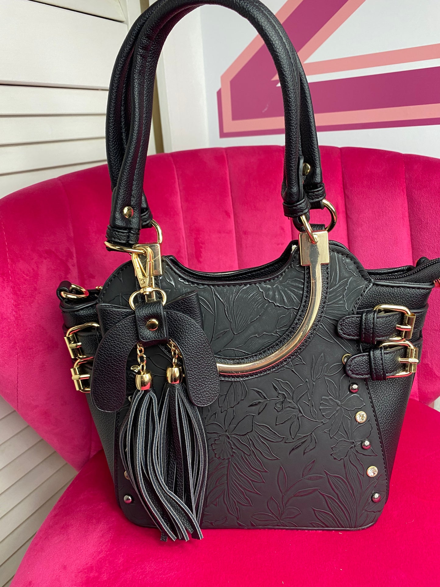 Mid Size Floral Buckle Embellished Satchel Purse Shoulder Bag (4 Colours)