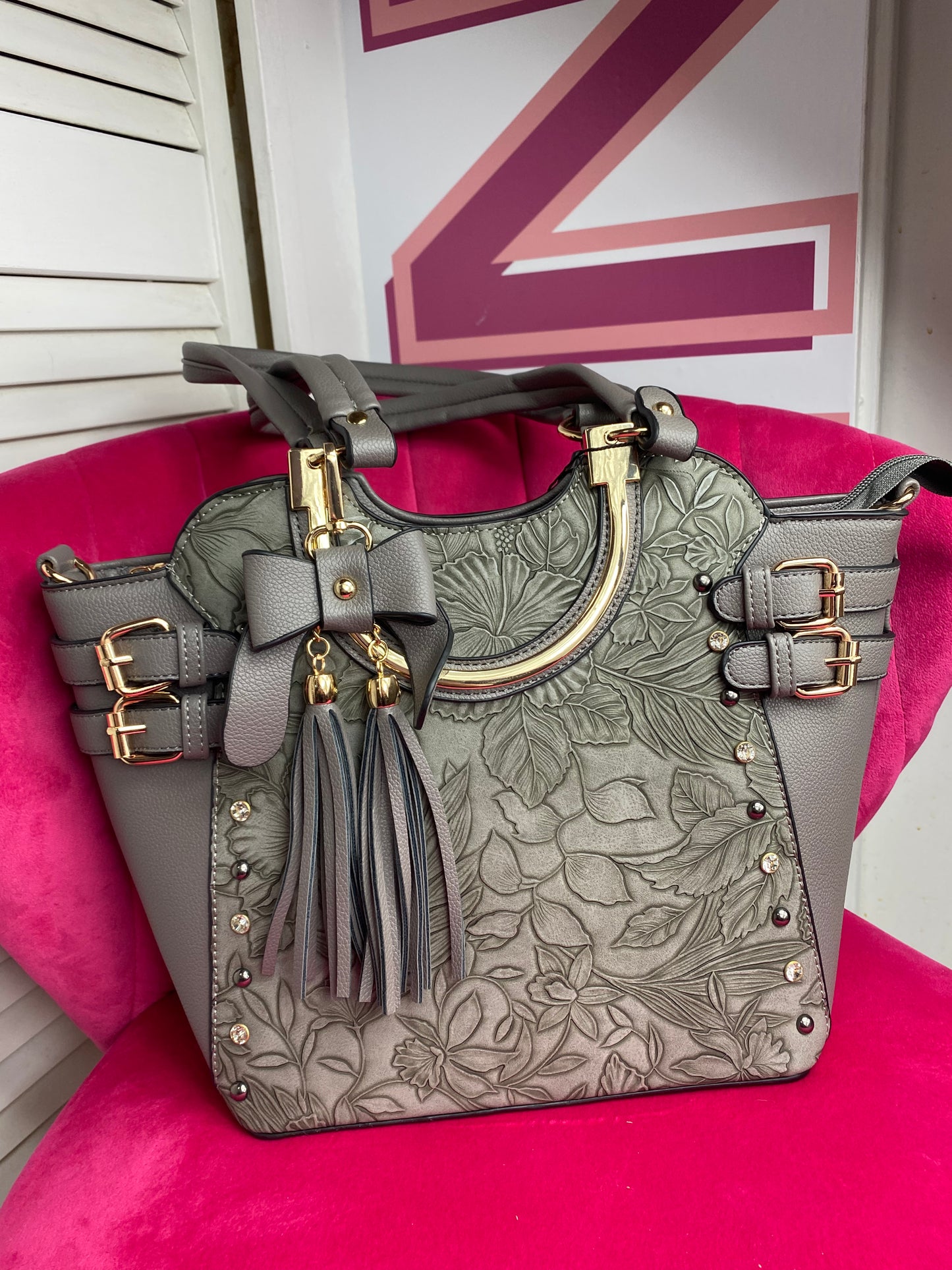 Full Size Floral Buckle Accent Embellished Vegan Leather Satchel Purse Shoulder Bag (4 Colours) with Detachable Crossbody Strap and Removable Bow Keychain