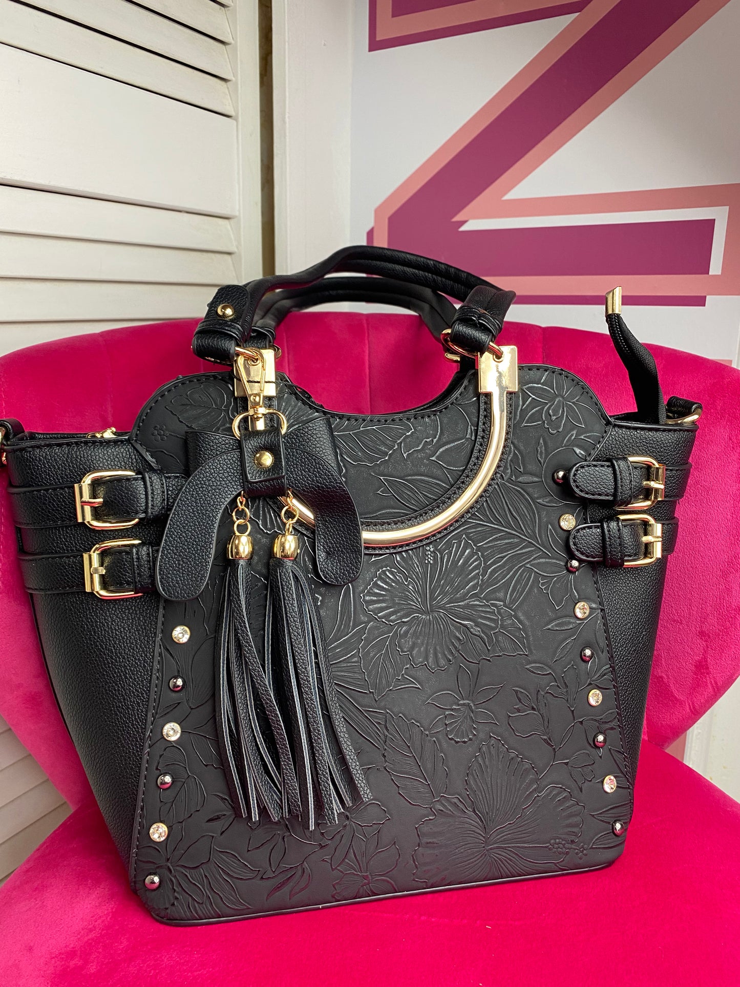Full Size Floral Buckle Accent Embellished Vegan Leather Satchel Purse Shoulder Bag (4 Colours) with Detachable Crossbody Strap and Removable Bow Keychain