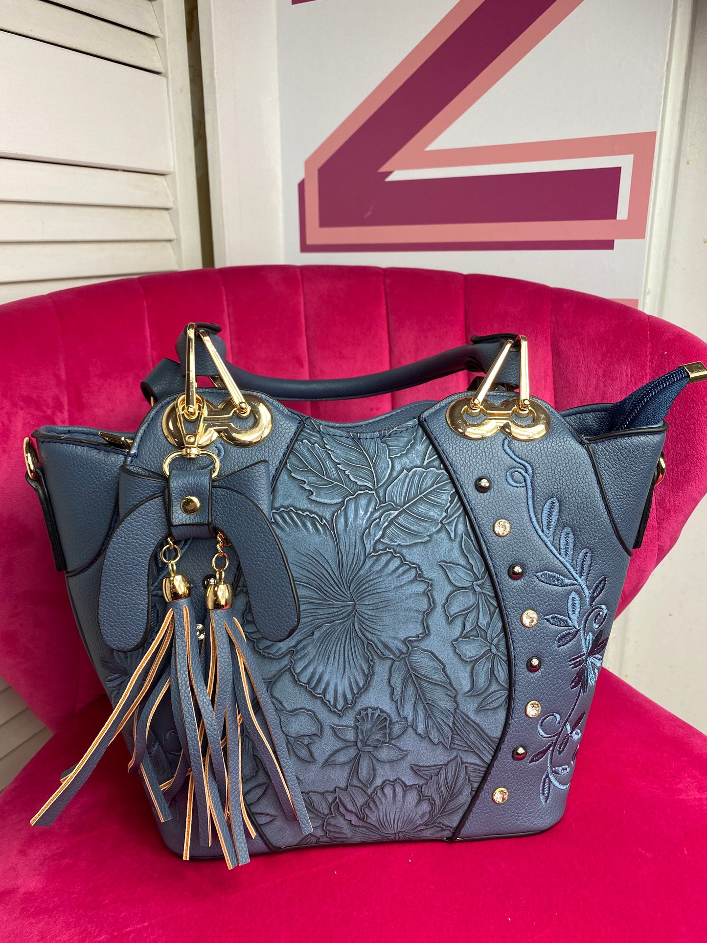 Floral Stitched Accent Embroidered Vegan Leather Satchel Purse Bag ( 2 Sizes & 4 Colours) with Detachable Crossbody Strap & Removable Bow Keychain