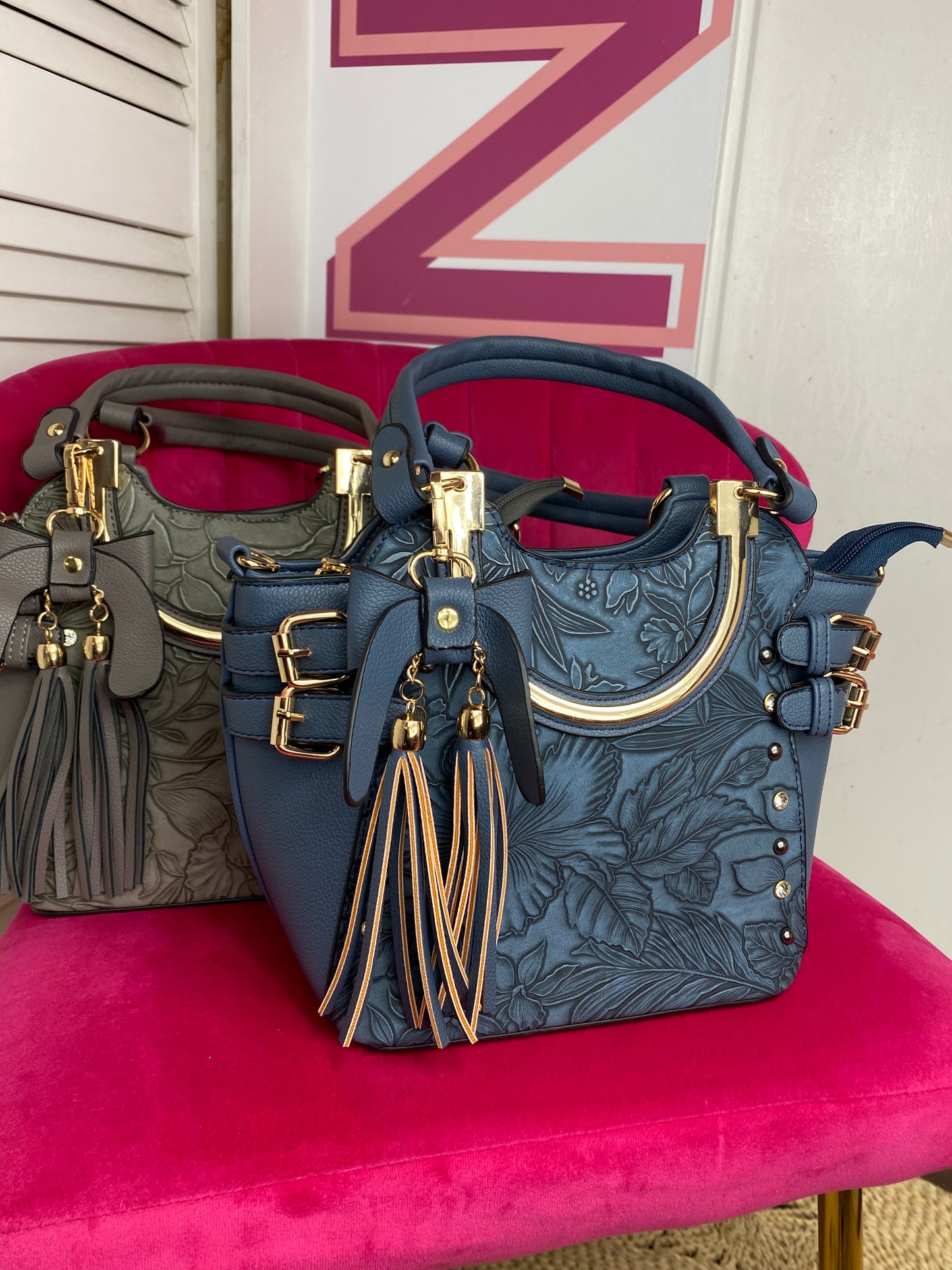 Mid Size Floral Buckle Embellished Satchel Purse Shoulder Bag (4 Colours)