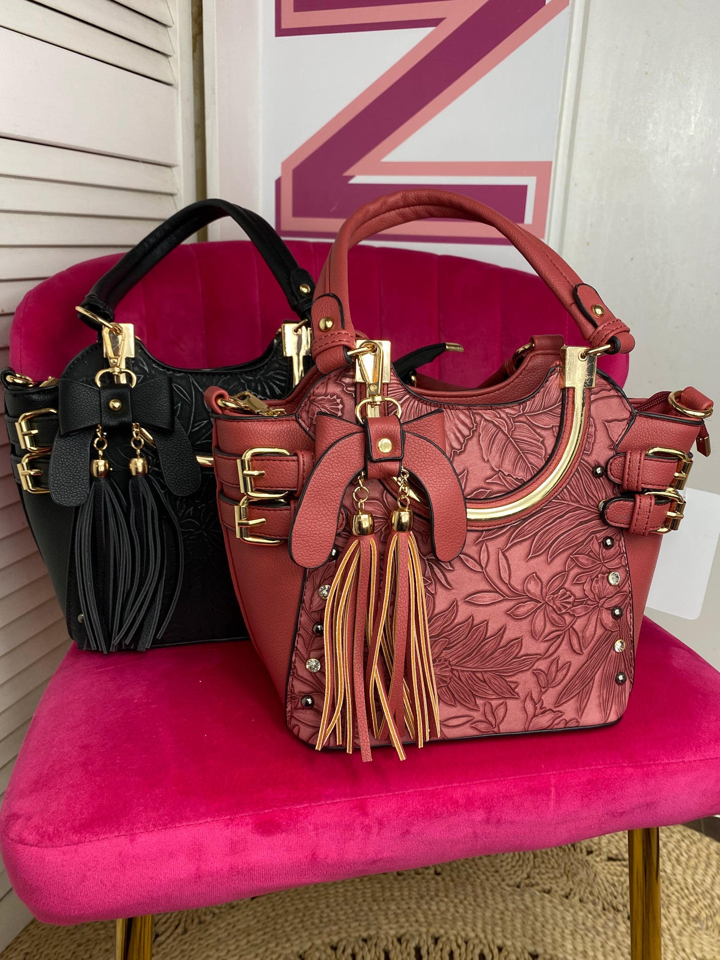 Mid Size Floral Buckle Embellished Satchel Purse Shoulder Bag (4 Colours)