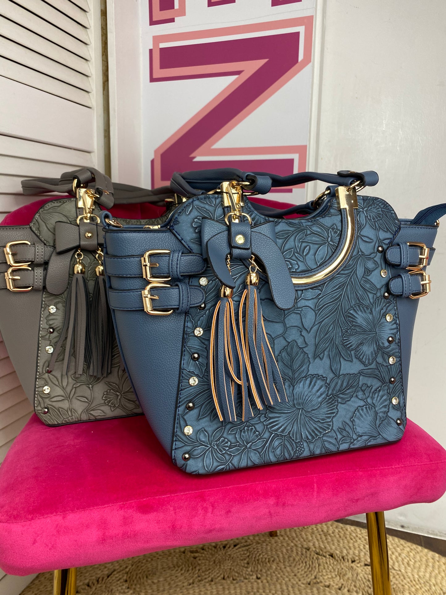 Full Size Floral Buckle Accent Embellished Vegan Leather Satchel Purse Shoulder Bag (4 Colours) with Detachable Crossbody Strap and Removable Bow Keychain