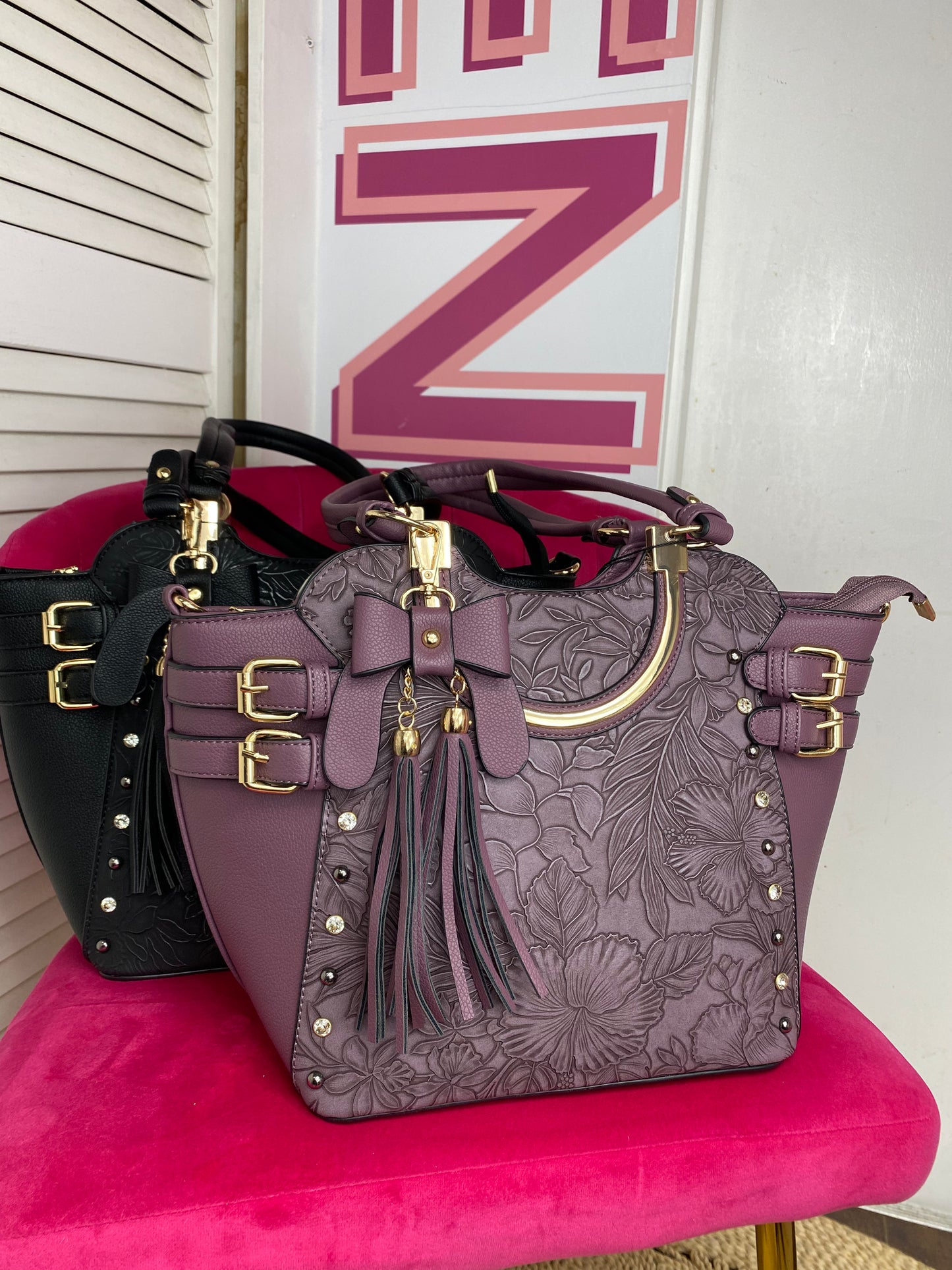 Full Size Floral Buckle Accent Embellished Vegan Leather Satchel Purse Shoulder Bag (4 Colours) with Detachable Crossbody Strap and Removable Bow Keychain