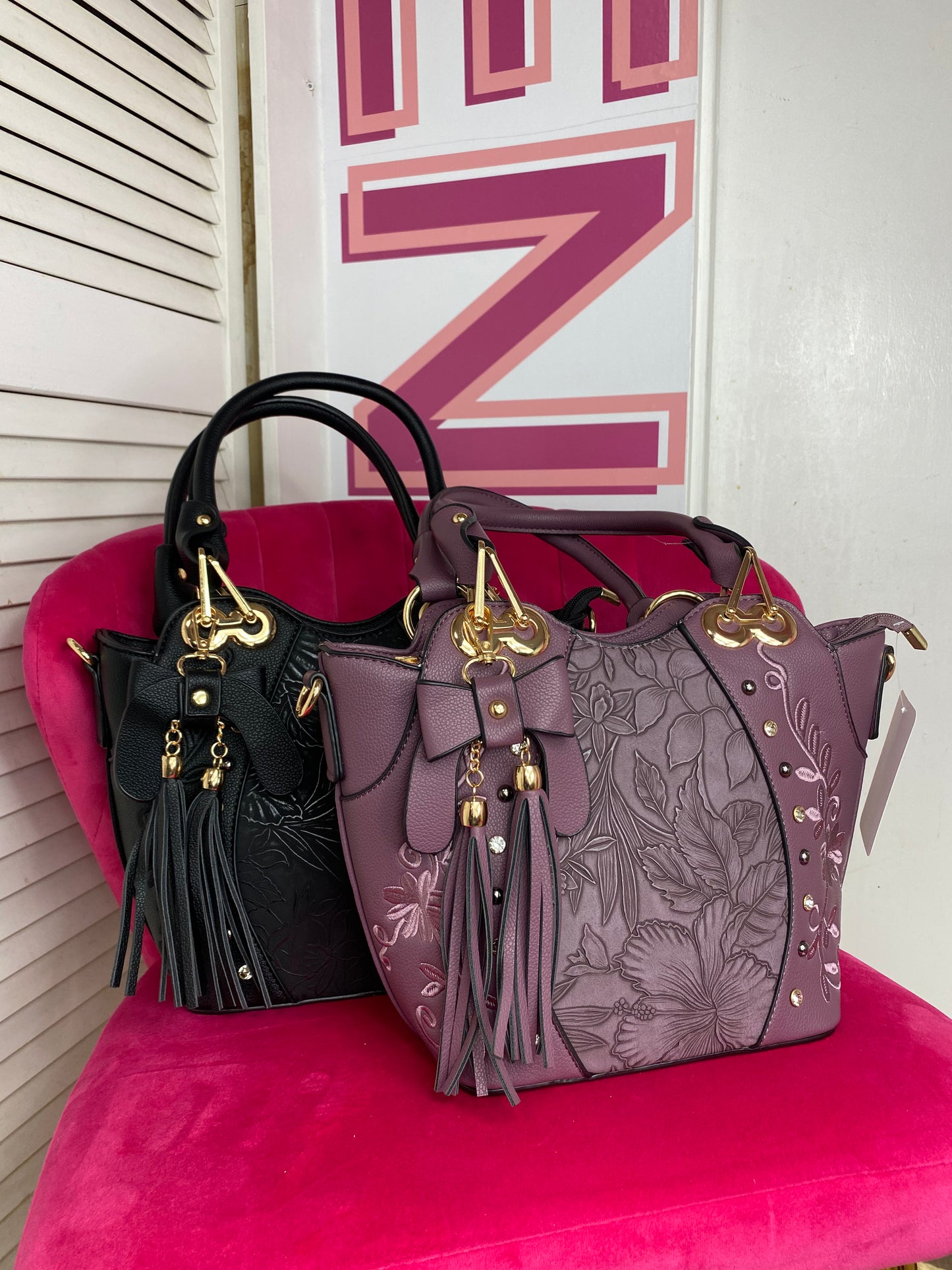 Floral Stitched Accent Embroidered Vegan Leather Satchel Purse Bag ( 2 Sizes & 4 Colours) with Detachable Crossbody Strap & Removable Bow Keychain