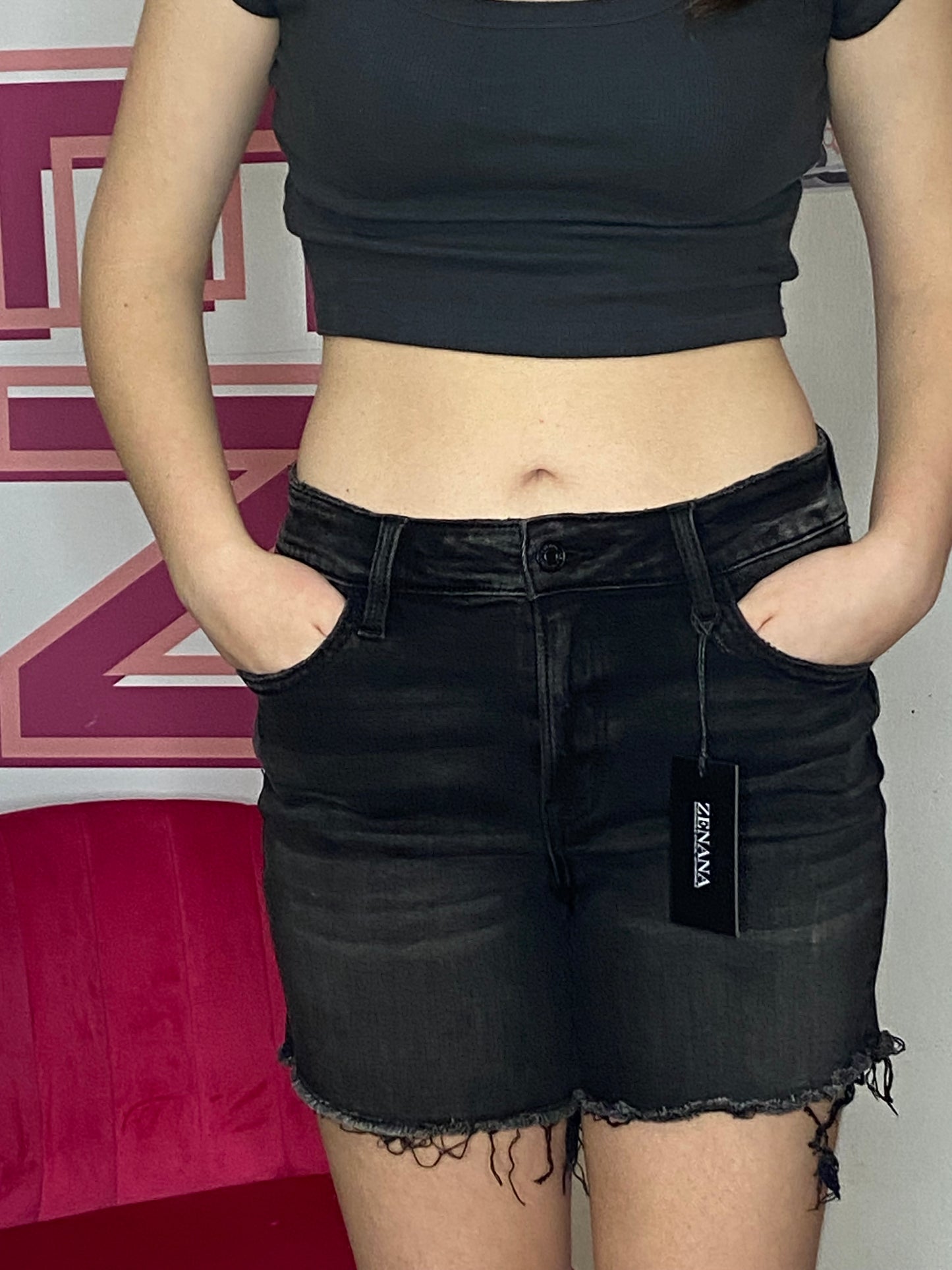 Short STRECH en denim noir effet vieilli