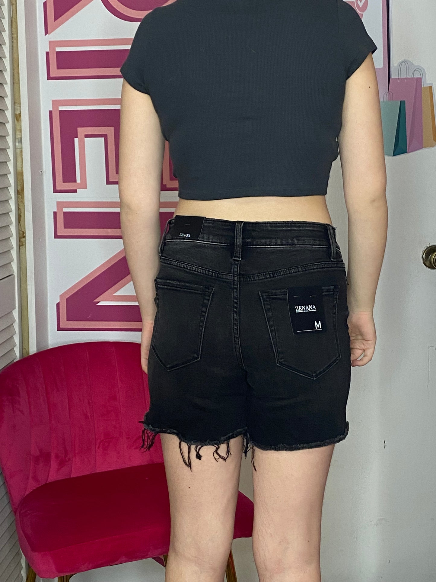 Short STRECH en denim noir effet vieilli
