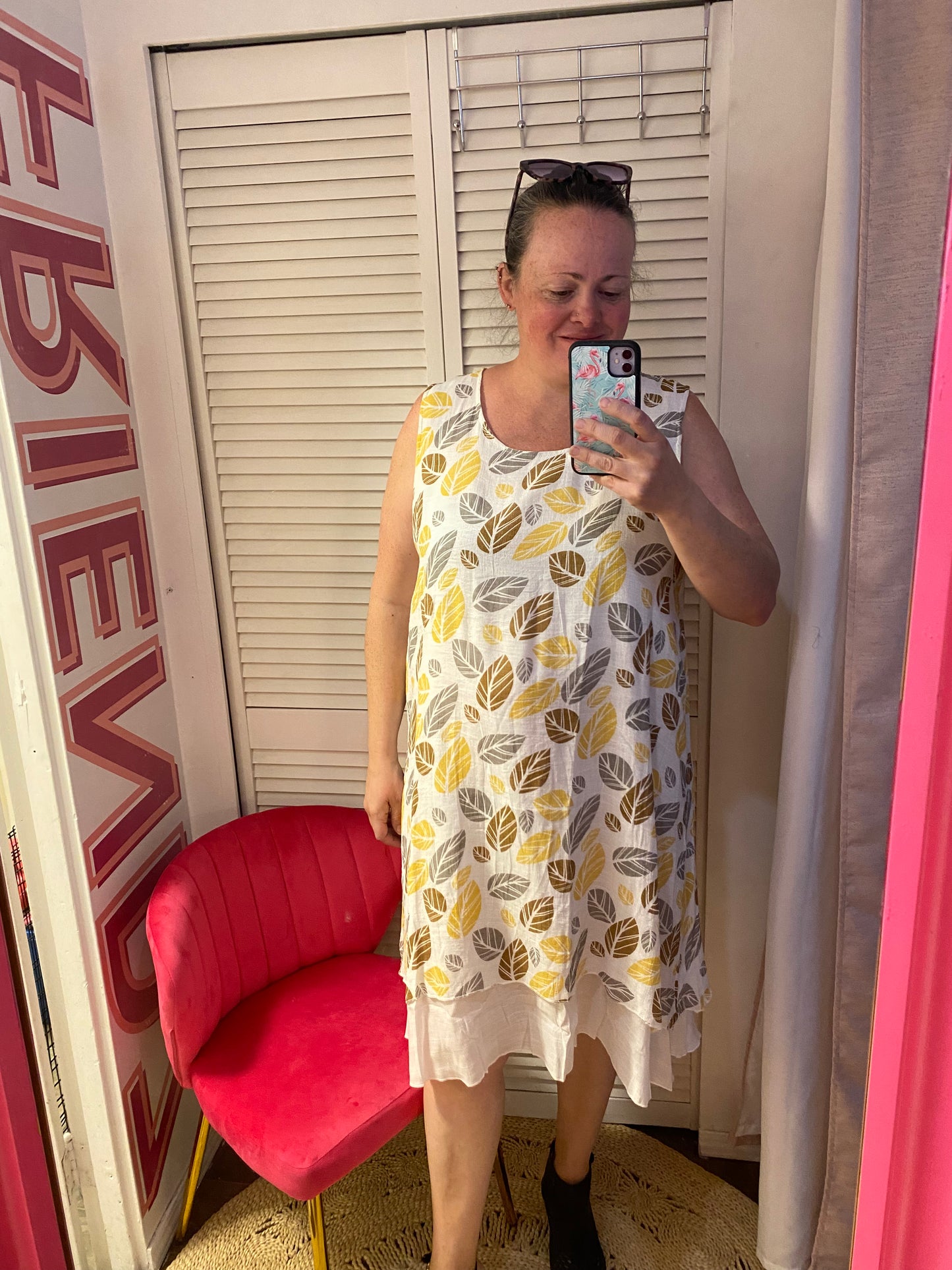 FINAL SALE- Yellow & White Leaves Dress O/S