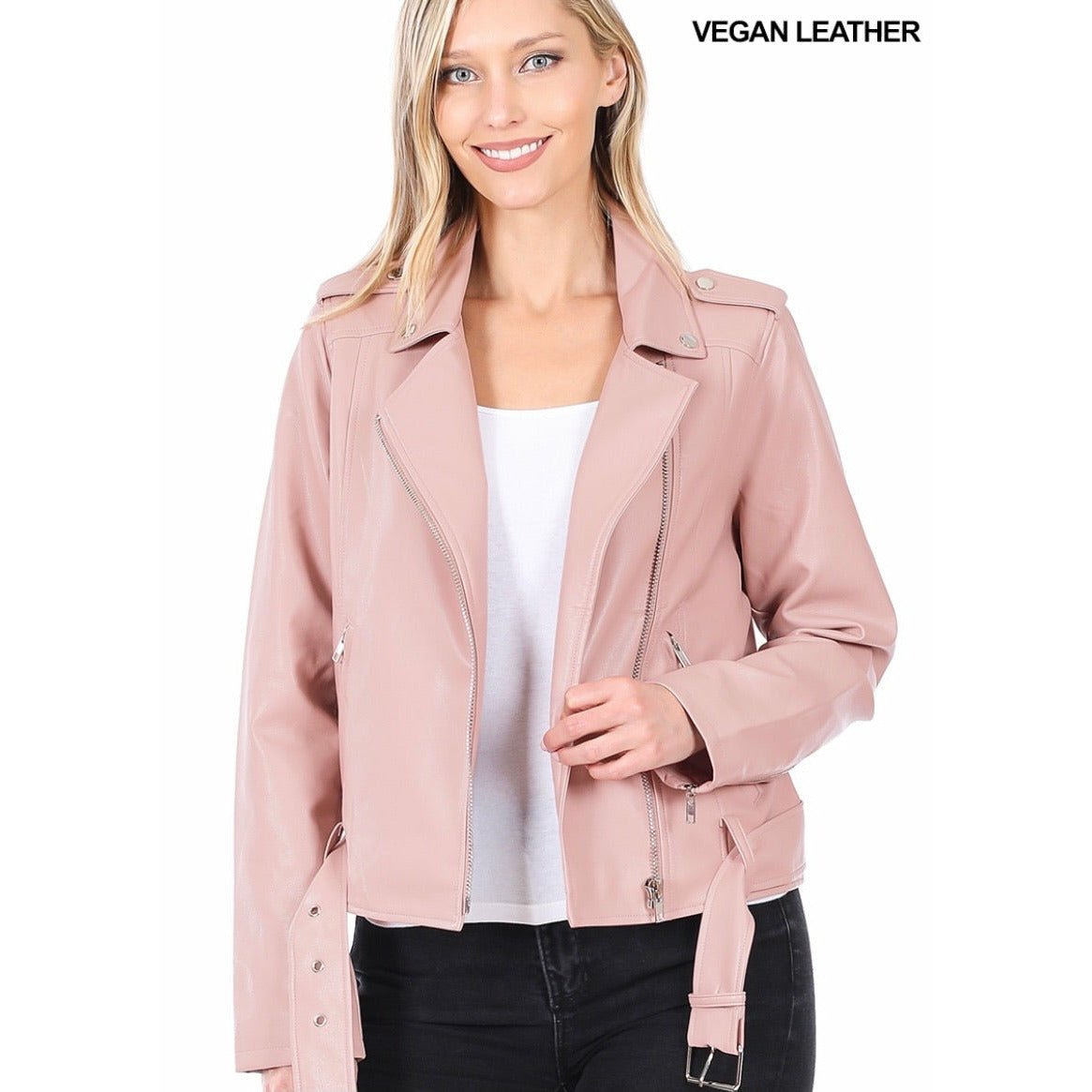 Chaqueta motera de cuero vegano rosa