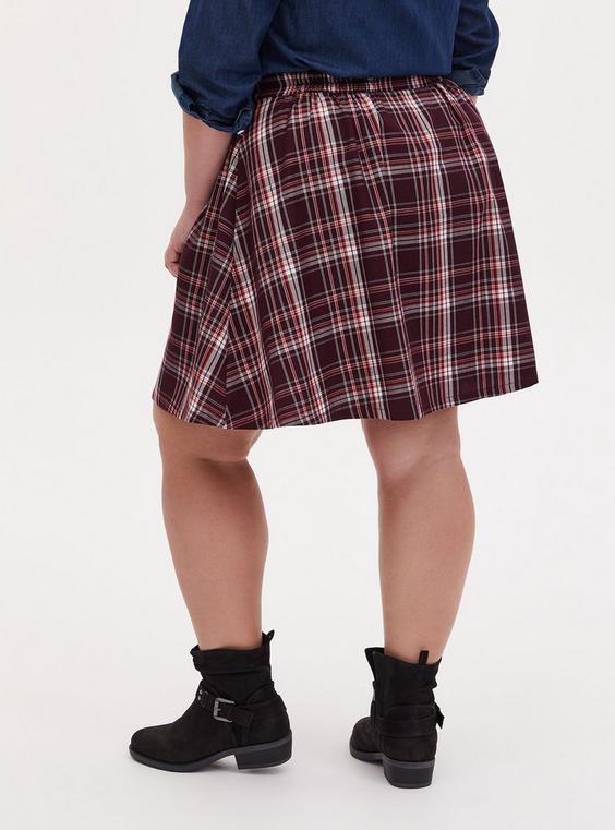 Burgundy Purple Plaid Twill Pleated Button Front Mini Skirt 2X 1027