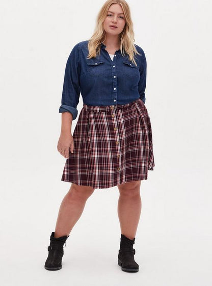 Burgundy Purple Plaid Twill Pleated Button Front Mini Skirt 2X 1027