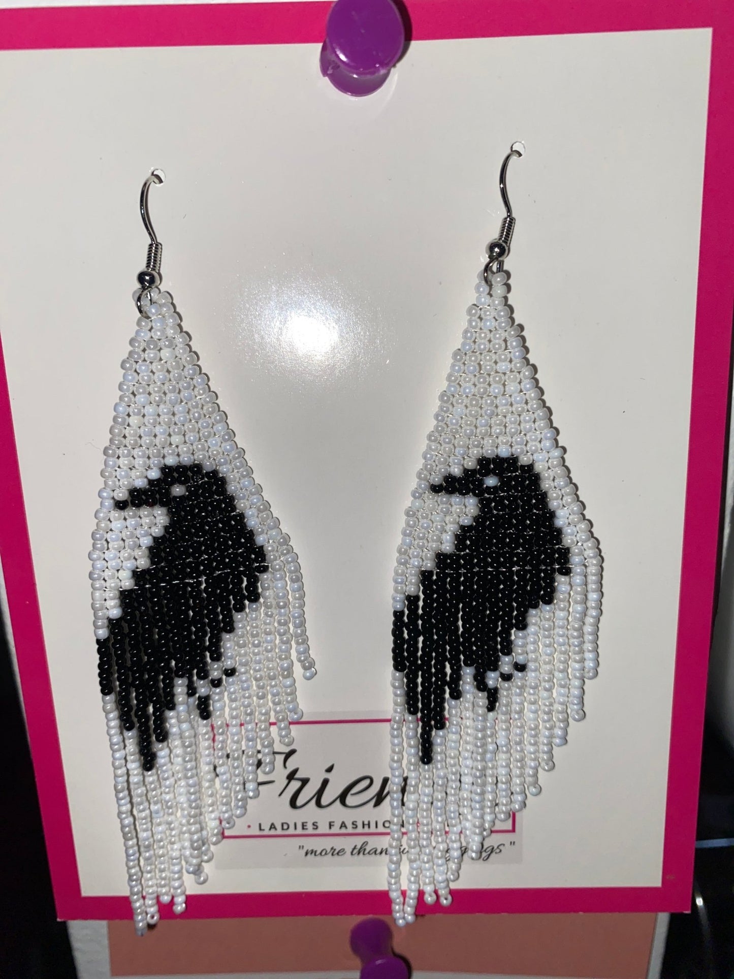 Crow Raven Seed Bead Beaded Earrings Black & White