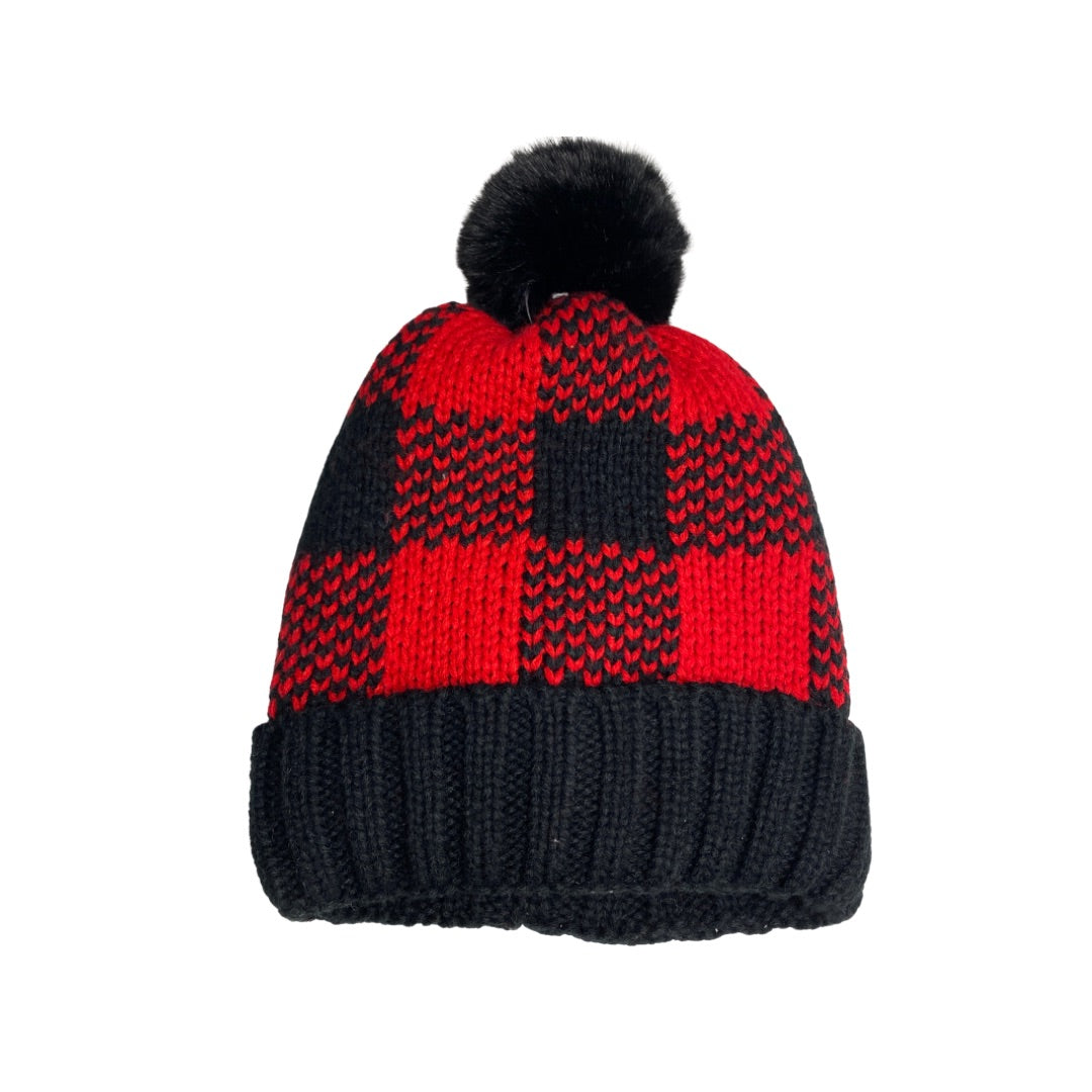 Knit Fleece Lined Toque Beanie Hat - Red Buffalo Plaid