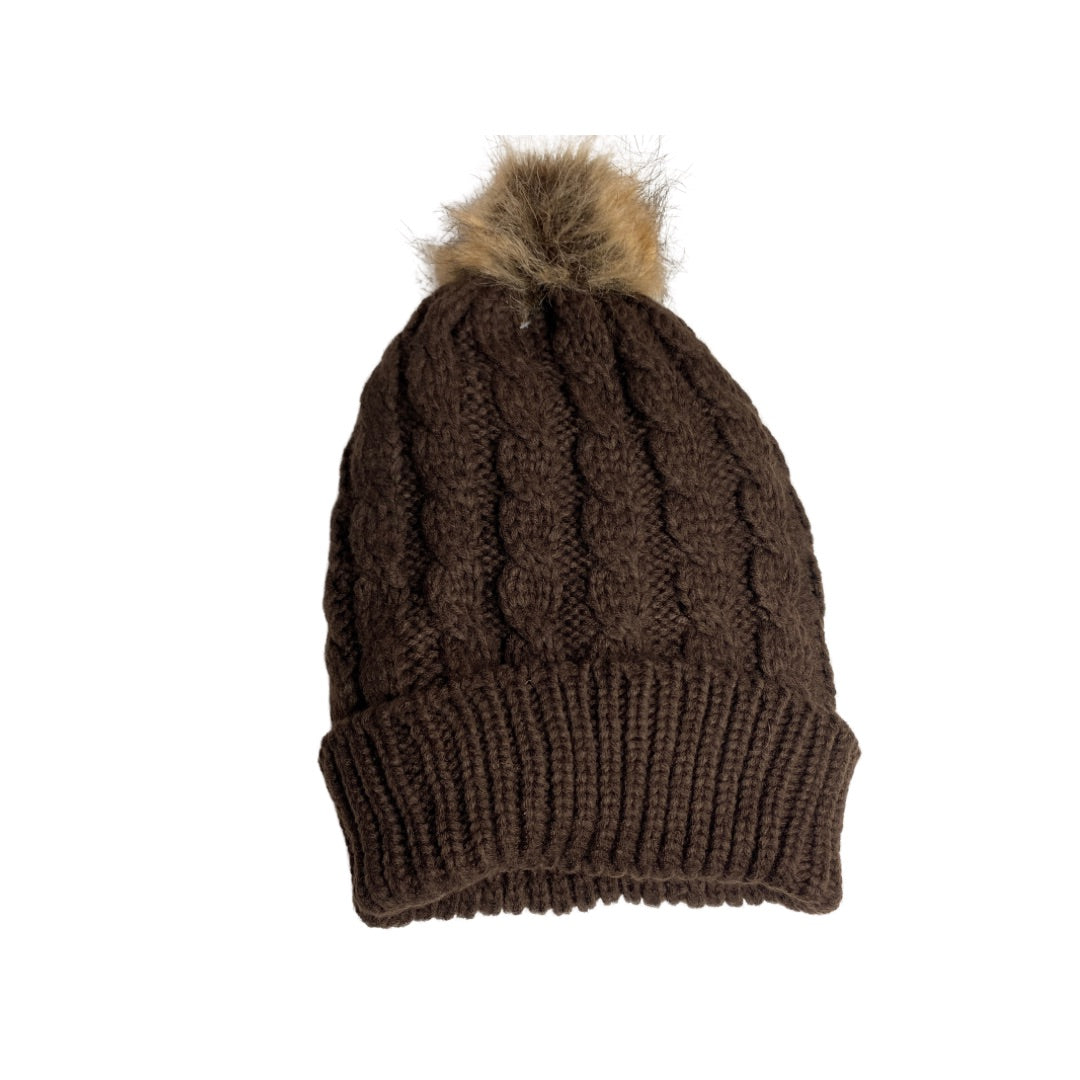 Cable Knit Fleece Lined Toque Beanie Hat - Brown