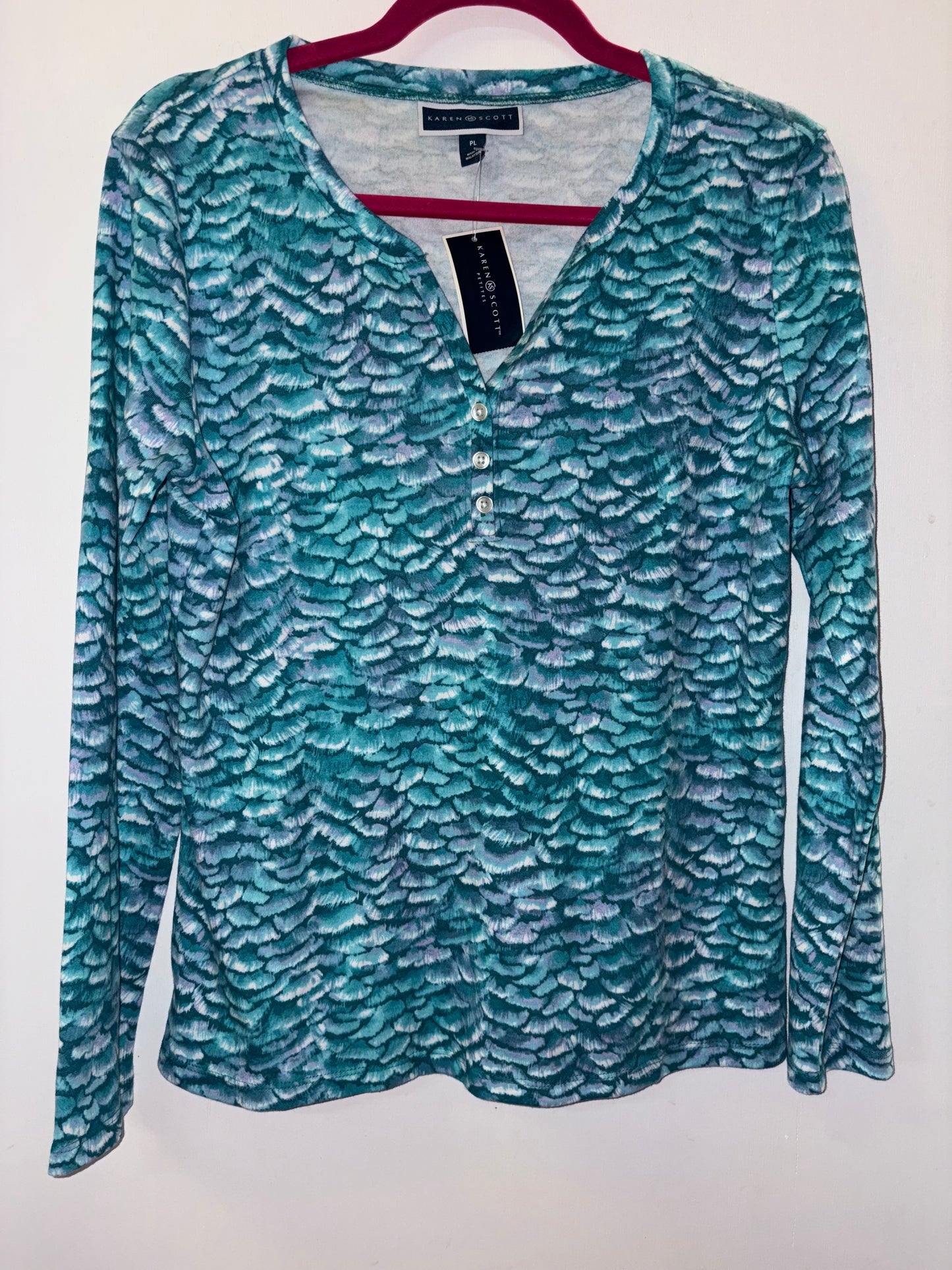 Karen Scott | Teal Fern Folly Print Long Sleeve Henley Top PL 1022