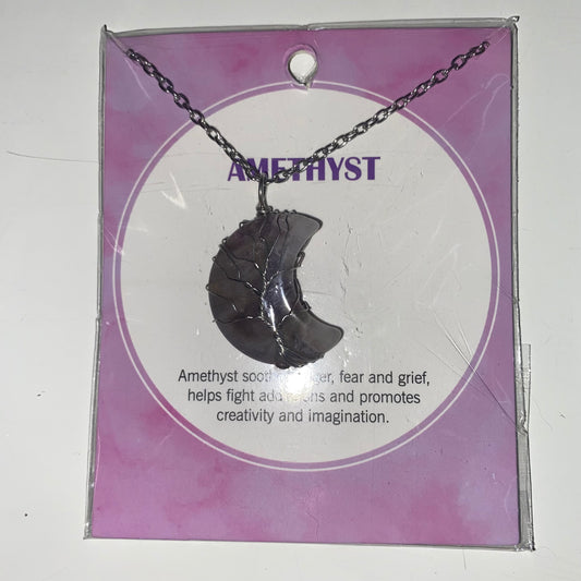 Amethyst Healing Crystal Tree of Life Crescent Moon Necklace