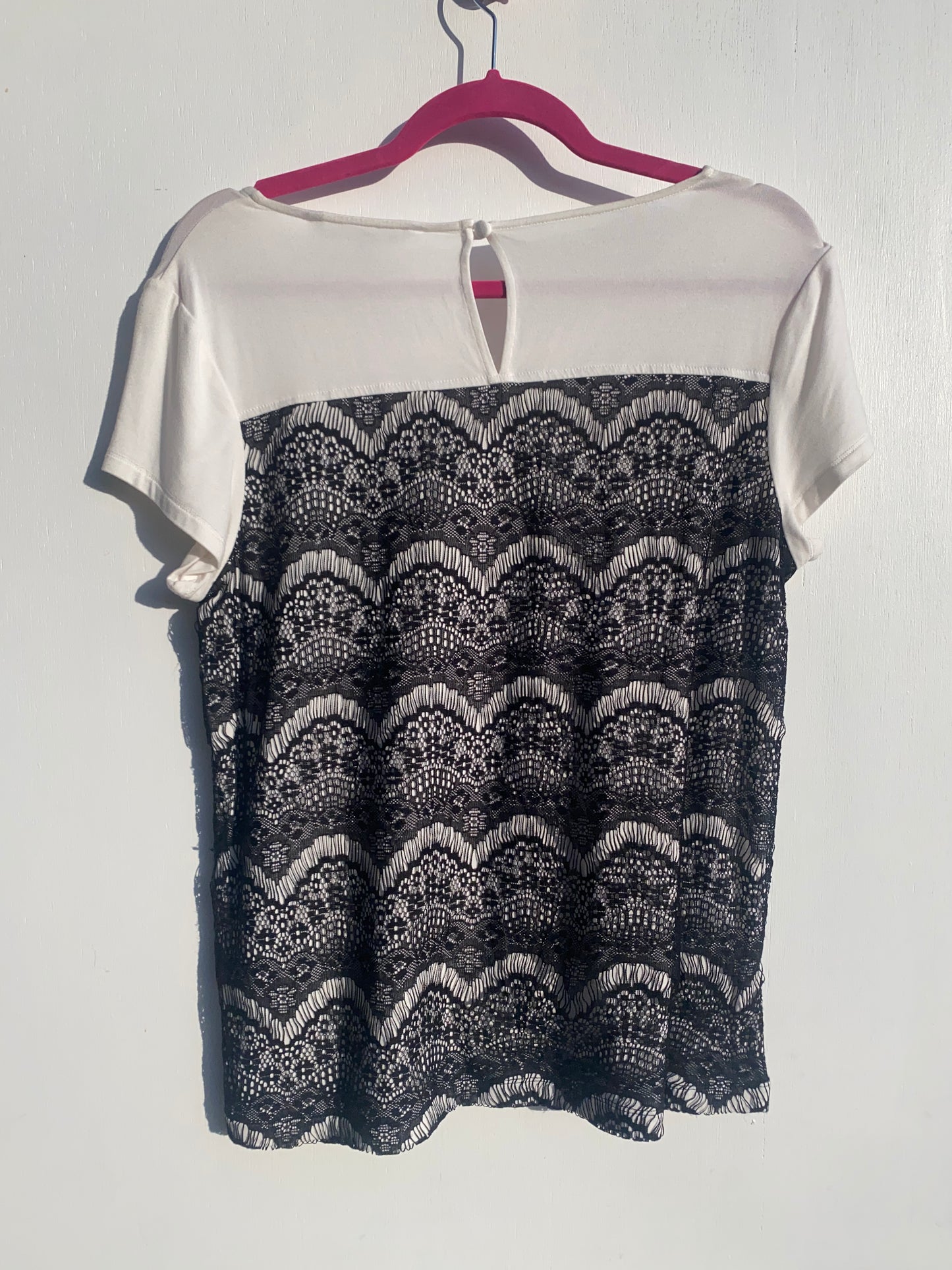 White Top with Half Black Lace Fringe Top Medium