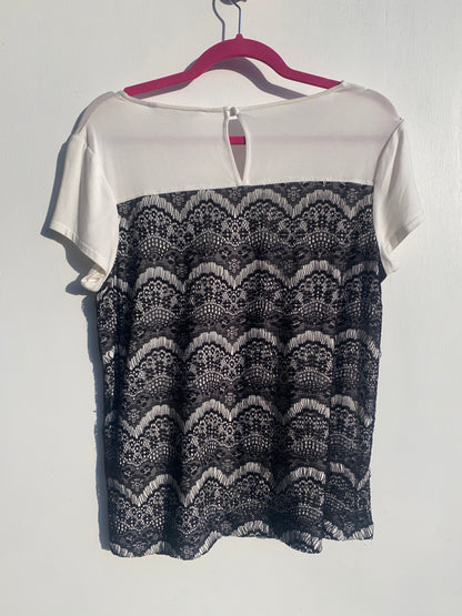 White Top with Half Black Lace Fringe Top Medium