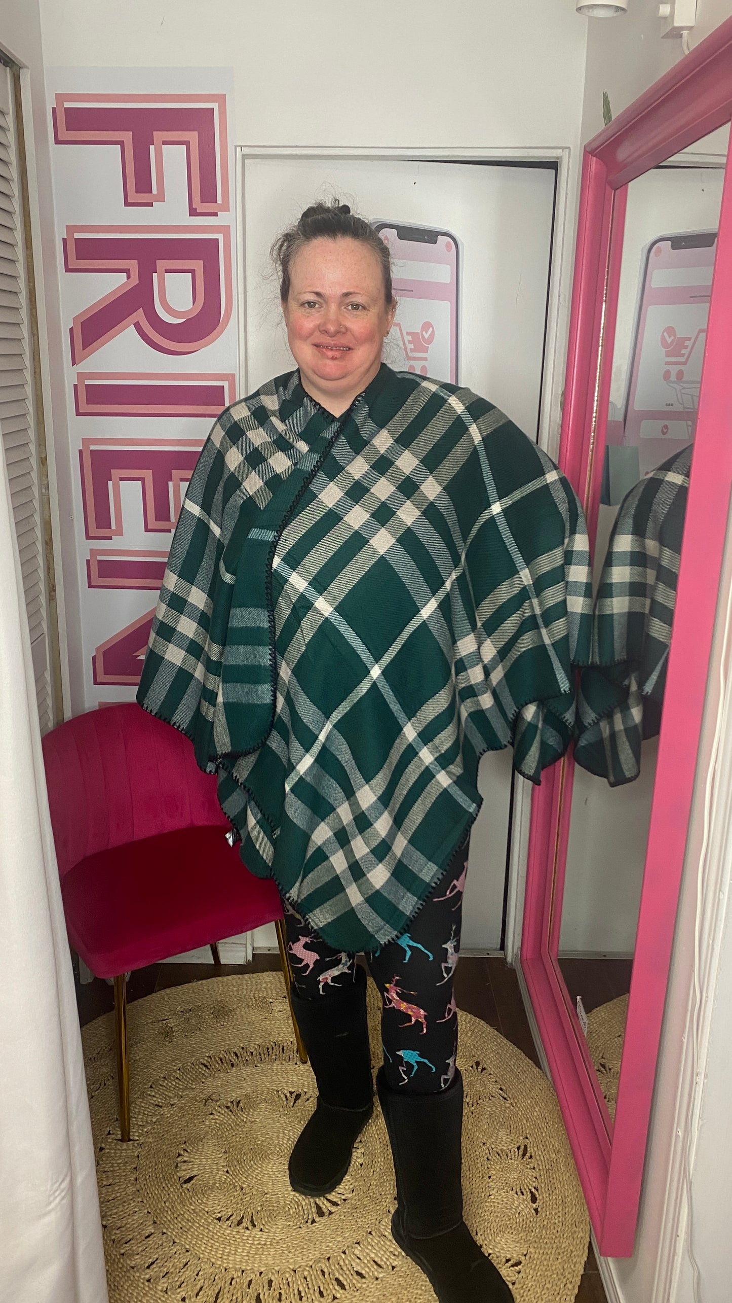 Hunter Green Plaid Poncho Scarf