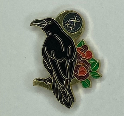 Raven Crow Red Rose Enamel Lapel Pin