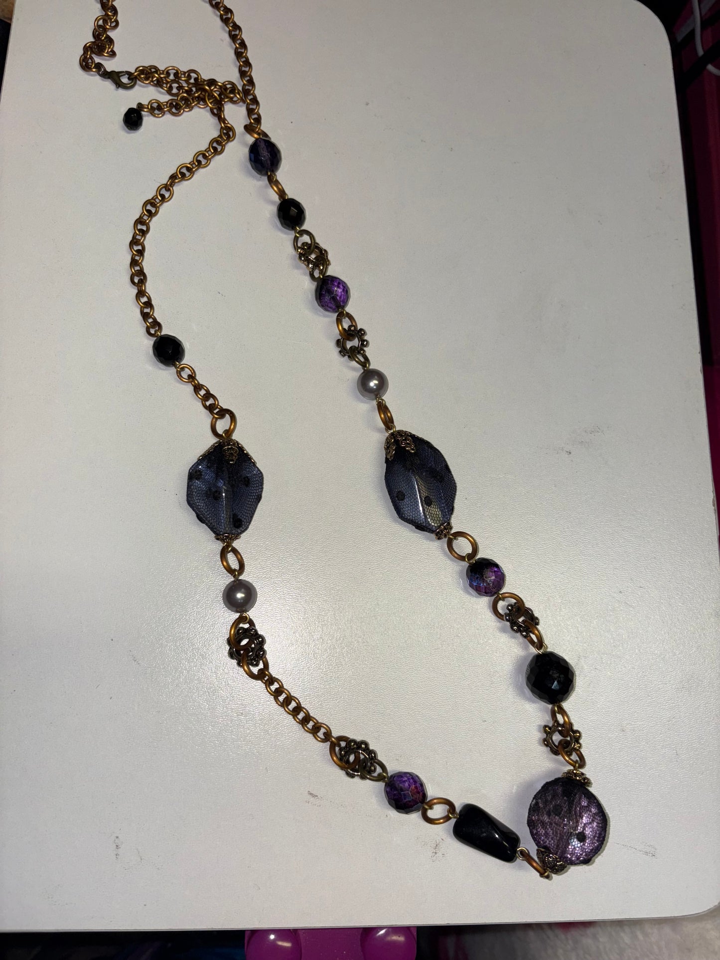Long Victorian Lace Black & Purple Necklace