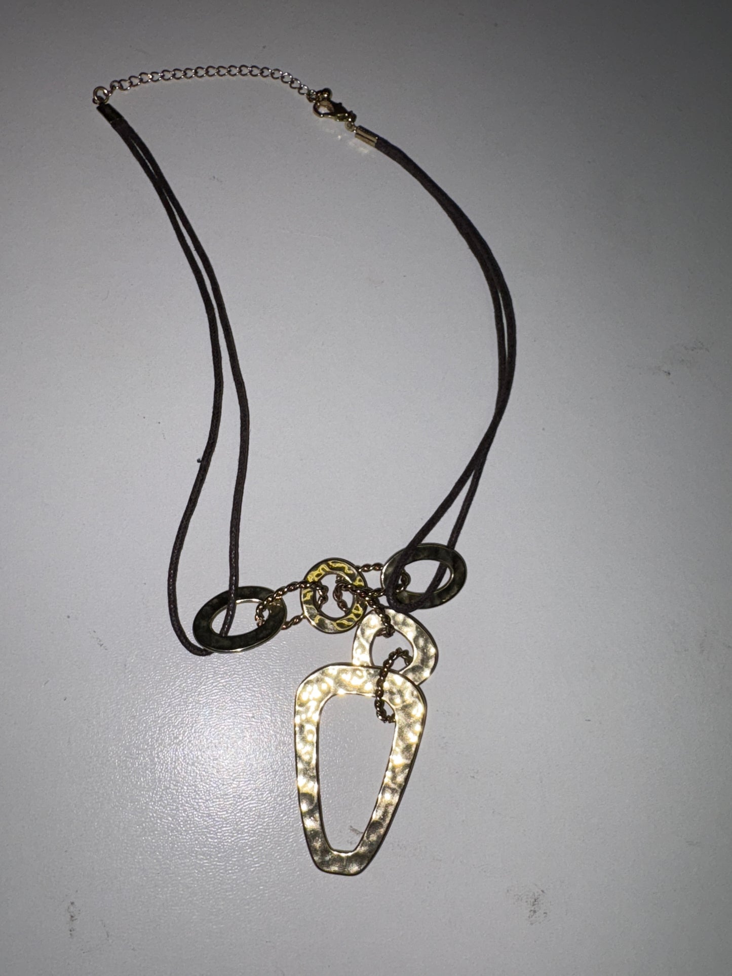 Hammered Gold Metal Fashion Necklace on Leather Cord